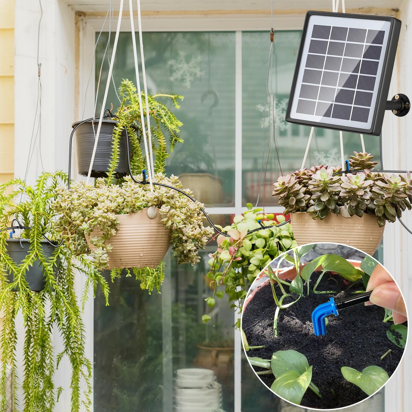 PChero Solar Irrigation System Kit, Automatic Self Watering System with Timer Garden Greenhouse Drip Irrigation System with 15M Hose for Pots Lawn Indoor Outdoor Plants