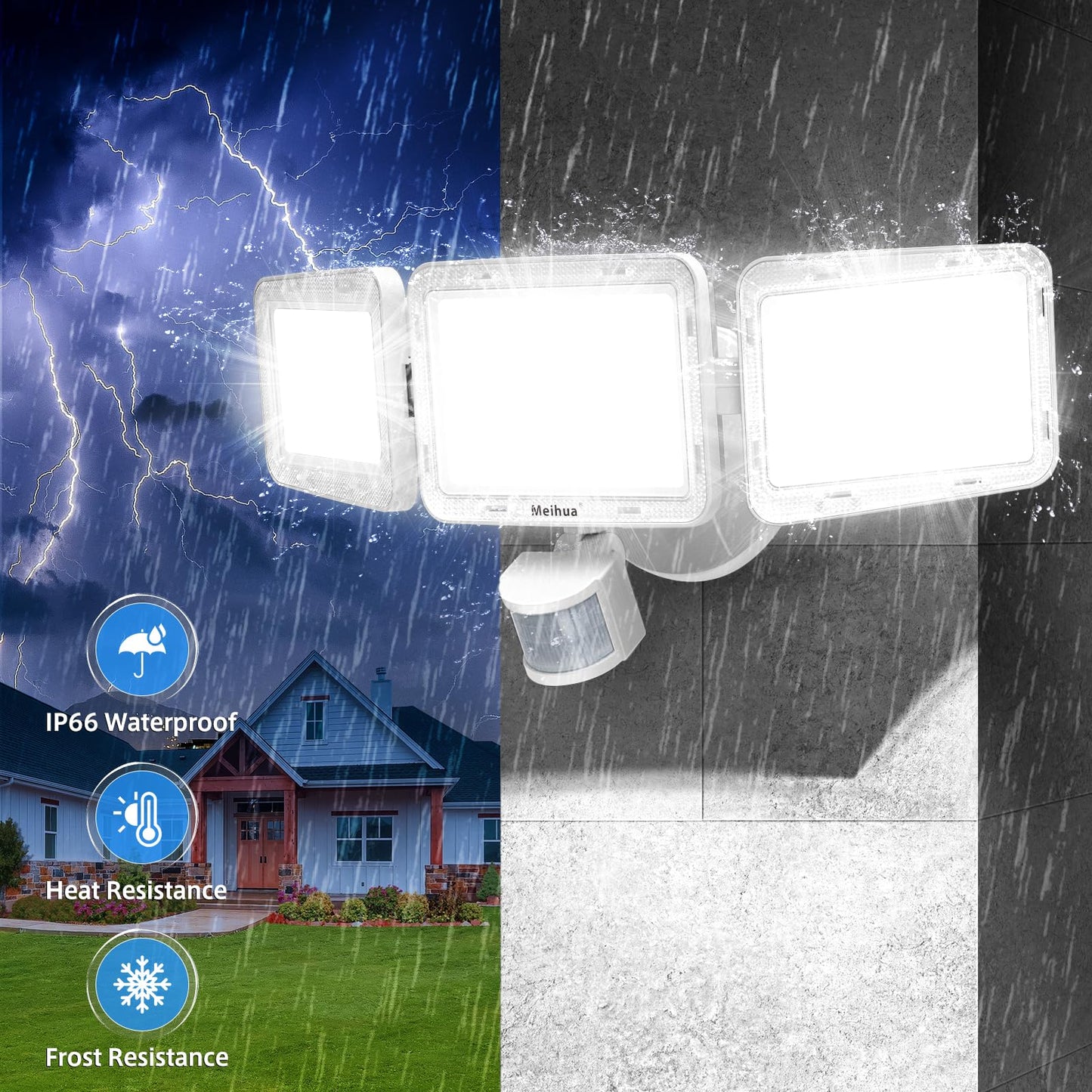 MEIHUA 70W Security Lights Outdoor Motion Sensor, 6580LM PIR Floodlight 4 Modes with Remote Control, IP66 6500K Motion Sensor Lights Outdoor with 3 Adjustable Heads for Garden, Yard, Patio, Garage