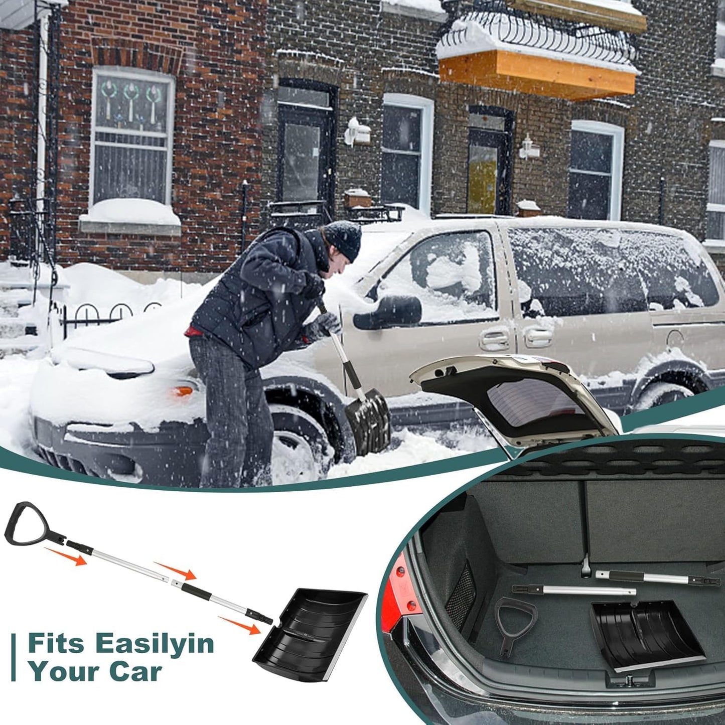 Hmseng Large Snow Shovel for Car Driveway, Lightweight Adjustable Portable Snow Shovel,D Shaped Handle design, for Garden, Camping, Snowman Playing and Emergency-Black