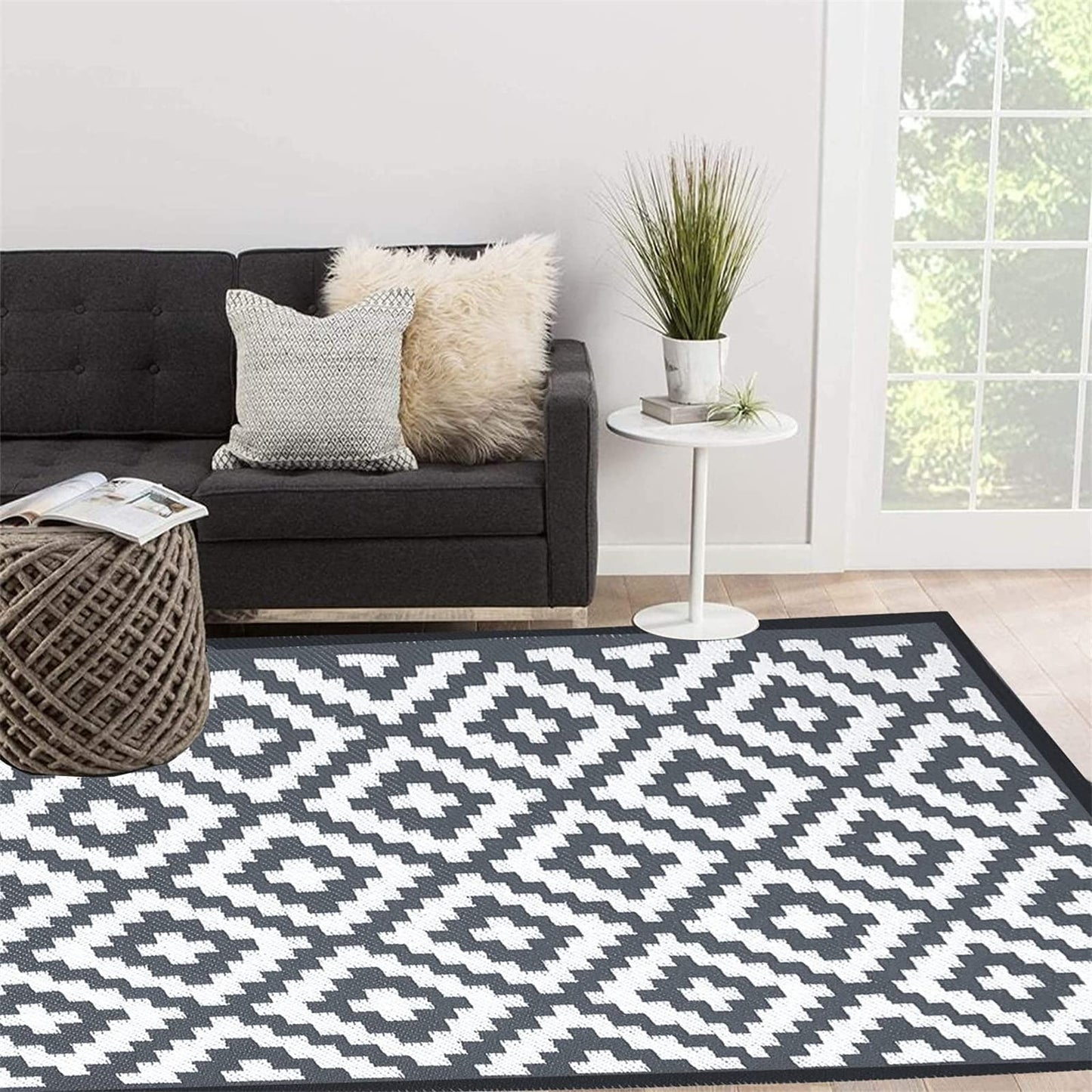 Enipate Geometric Outdoor Rugs for Garden Patios Clearance, 4x6ft Reversible & Easy Cleaning Decking Rug, Portable Comfortable Woven Waterproof Carpet (120x180cm, Grey)