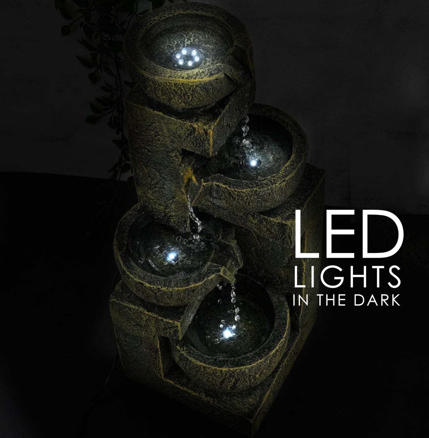 GEEZY Garden Water Feature – 4 Tier Fountain with LED Lights – Mains Powered, Self-Contained, Indoor & Outdoor – Easy Setup, Cascading & Tranquil – Great for Garden, Home, Patio & Balcony Decor