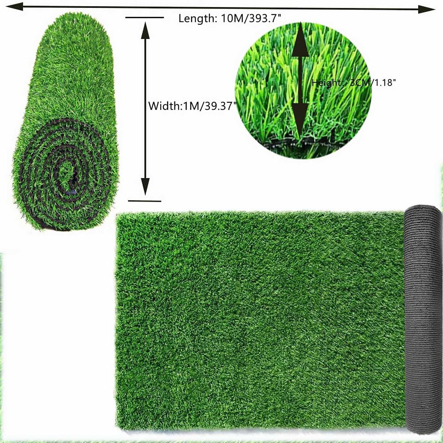 Nisorpa Artificial Grass Rug 10m x 1m, Natural Realistic Fake Grass Roll, 30mm Pile Height, High Density Artificial Grass Astro Turf Lawn Mat for Indoor Outdoor, Green, 33x3.3ft