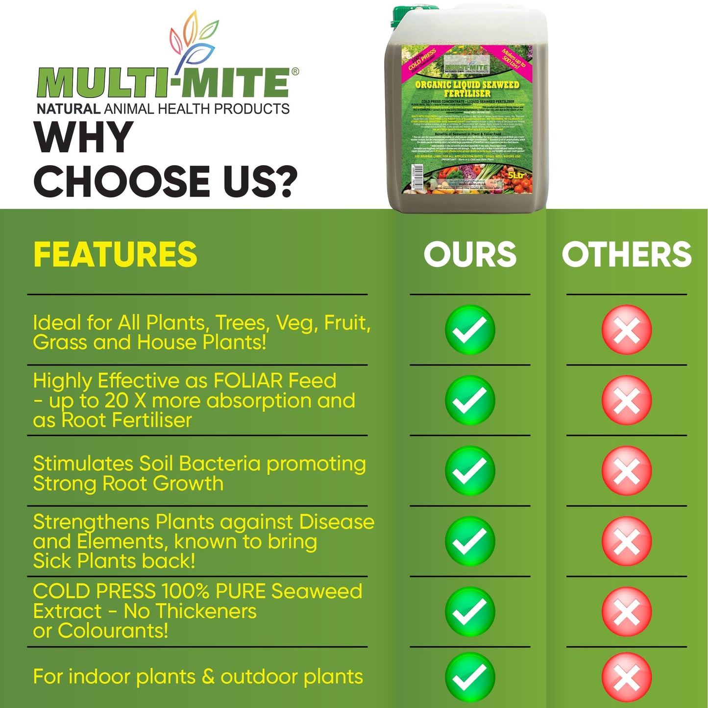 Multi-Mite 5 Ltr Liquid Seaweed -100% Natural & Organic Concentrate Cold Pressed Plant & Soil Fertiliser, Trees Lawn Veg & House Plants Root or Foliar Feeding