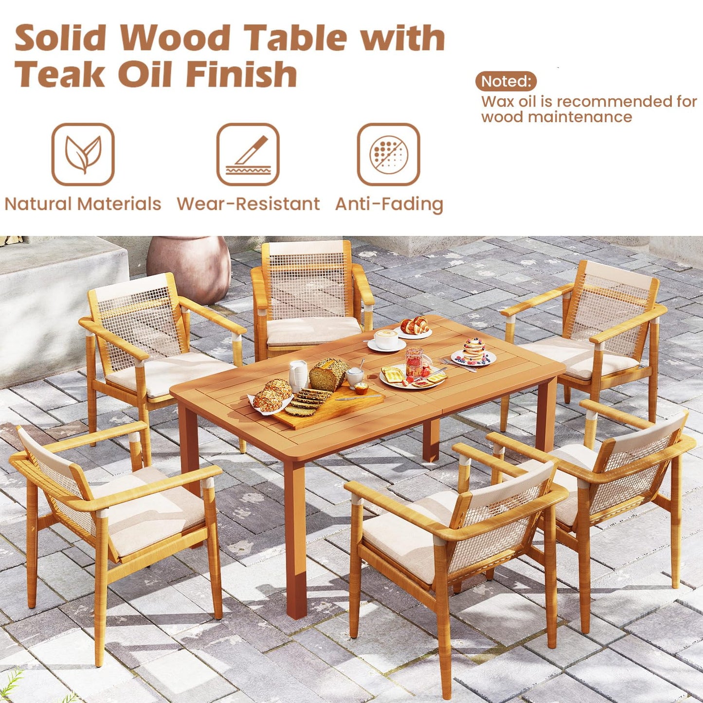 TANGZON Large Garden Table for 6, 150 x 90cm Rectangular Outdoor Dining Table with 5cm Parasol Hole & Slatted Top, Hardwood Patio Bistro Tables Furniture for Balcony Backyard Lawn