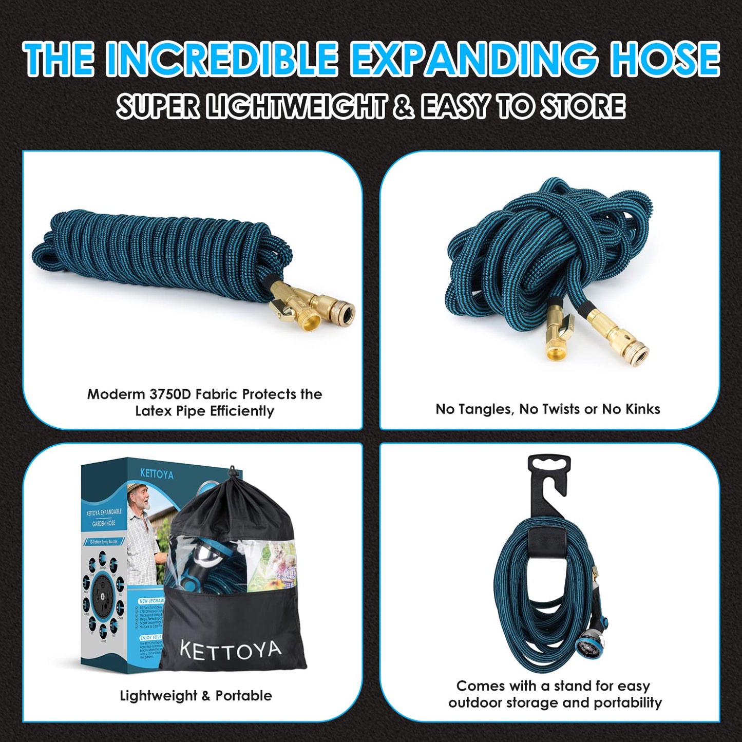 KETTOYA 100FT Expandable Garden Hose, Flexible Water Hose with 10-Pattern Spray Nozzle, Leak-proof Retractable Heavy Duty Hose Pipe, 4-layer Latex Core, Durable 3750D, Brass Alloy Connector, Kink-Free