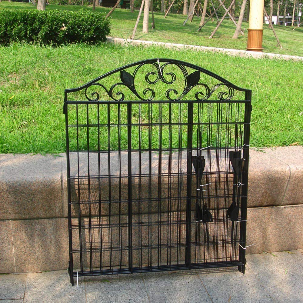 MTB Black Coated Garden Iron Style Metal Side Outdoor Patio Gate Steel Decorative Garden Fence Panel 112cm Hx 91cm W (4 Pack, Linear Length 12 feet) 2 Leaves, Metal Border Folding Fence