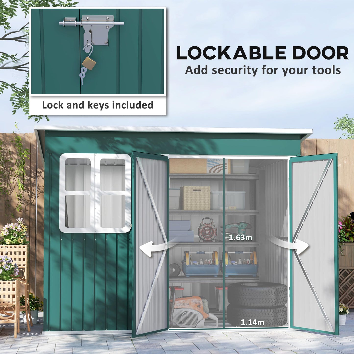 Outsunny 8.5 x 6ft Storage Shed Galvanised Steel Garden Shed, Metal Shed with Foundation Kit, Window, Lockable Wide Doors and Air Vents for Outdoor Patio, Green