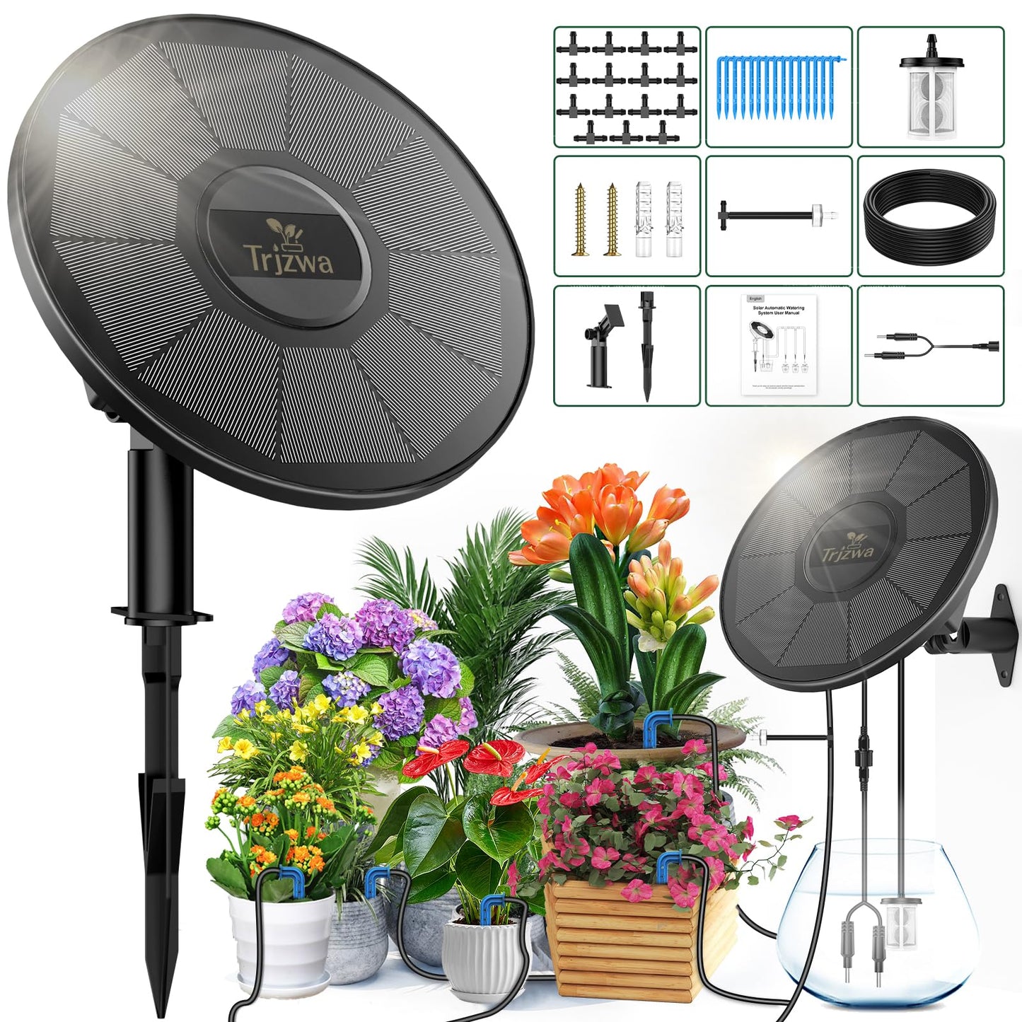 TRJZWA Solar Irrigation System Kit,2024 New Solar Garden Irrigation System DIY Automatic Watering System,2200mAh Solar Drip Irrigation System with 15 Drippers/15m Watering Hose/Early Warning Function
