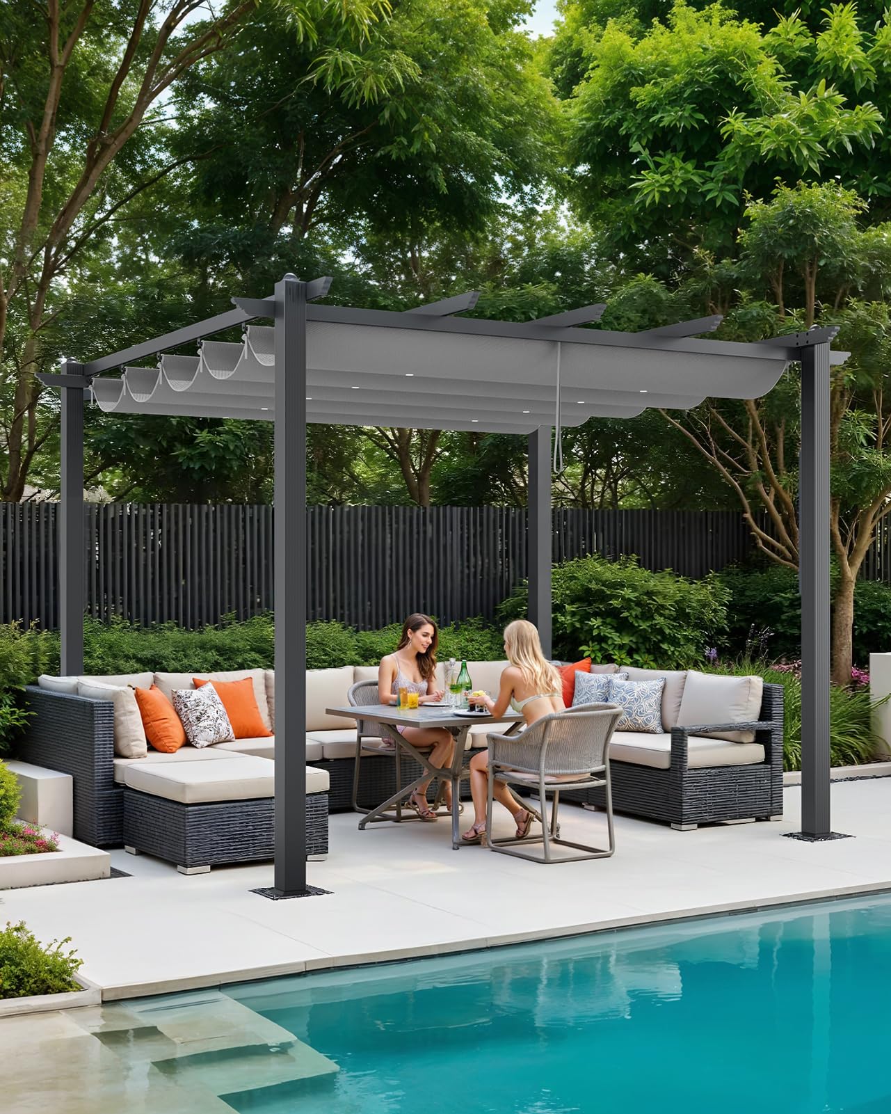 The Fellie 3M x 3M Aluminium Pergola with Retractable Roof, Outdoor Garden Gazebos Water-resistant, Large Metal Retractable Pergola Sun Shade Shelter for Garden, Patio, Poolside, Party, Light Grey