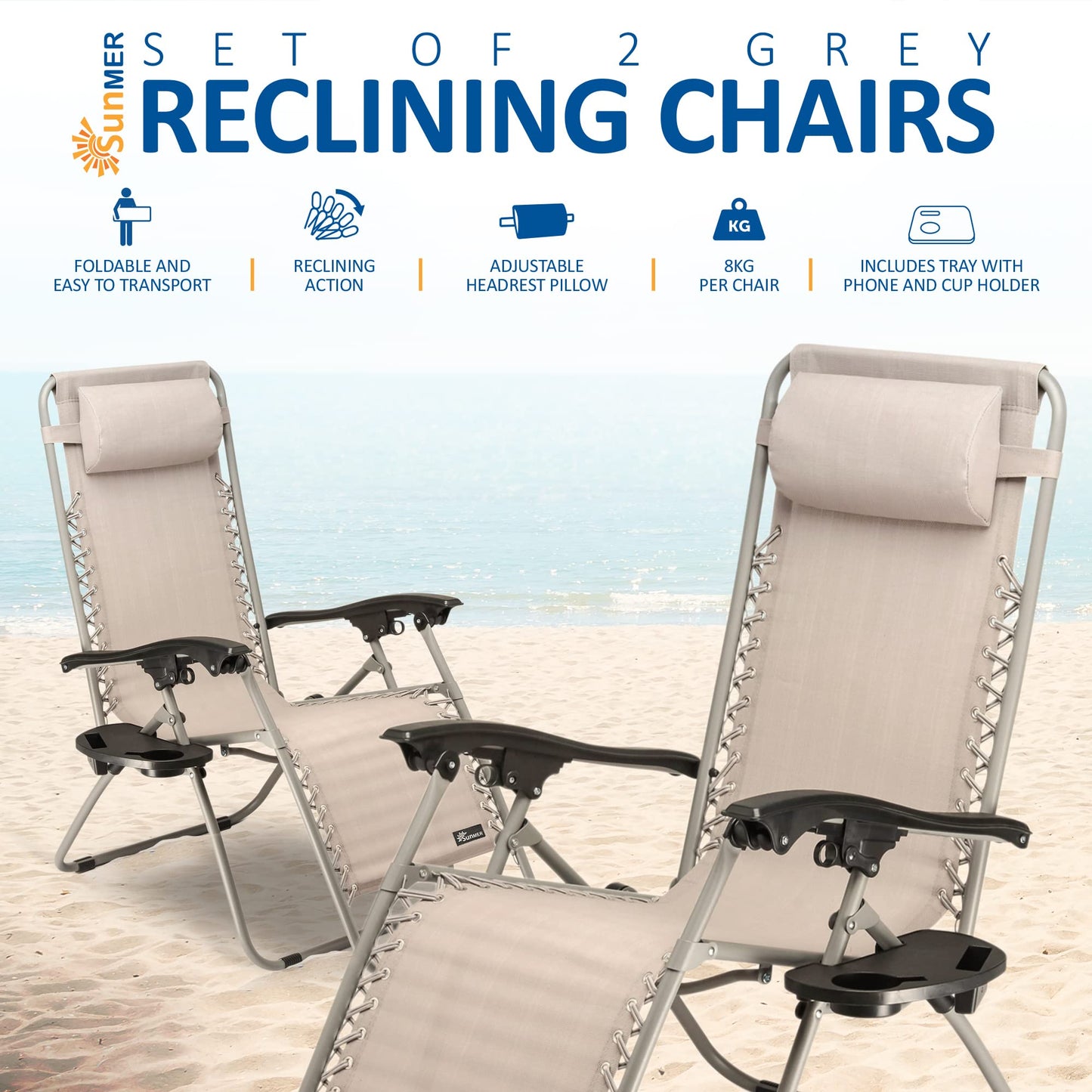 SUNMER Set of 2 Sun Lounger Garden Chairs With Cup And Phone Holder - Deck Folding Recliner Zero Gravity Outdoor Chair - Grey/Grey