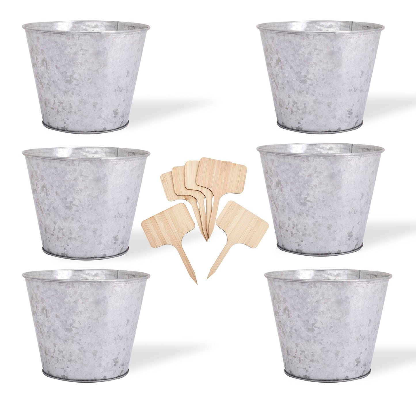 Katai Galvanised Metal Planter Buckets - 6 Pack Small Metal Buckets for Indoor Plants, Herb Garden, Orchid Pots, Hanging Plant Holder, Flower Pots, Wall Planters, Garden Decor - with 6 Plant Labels