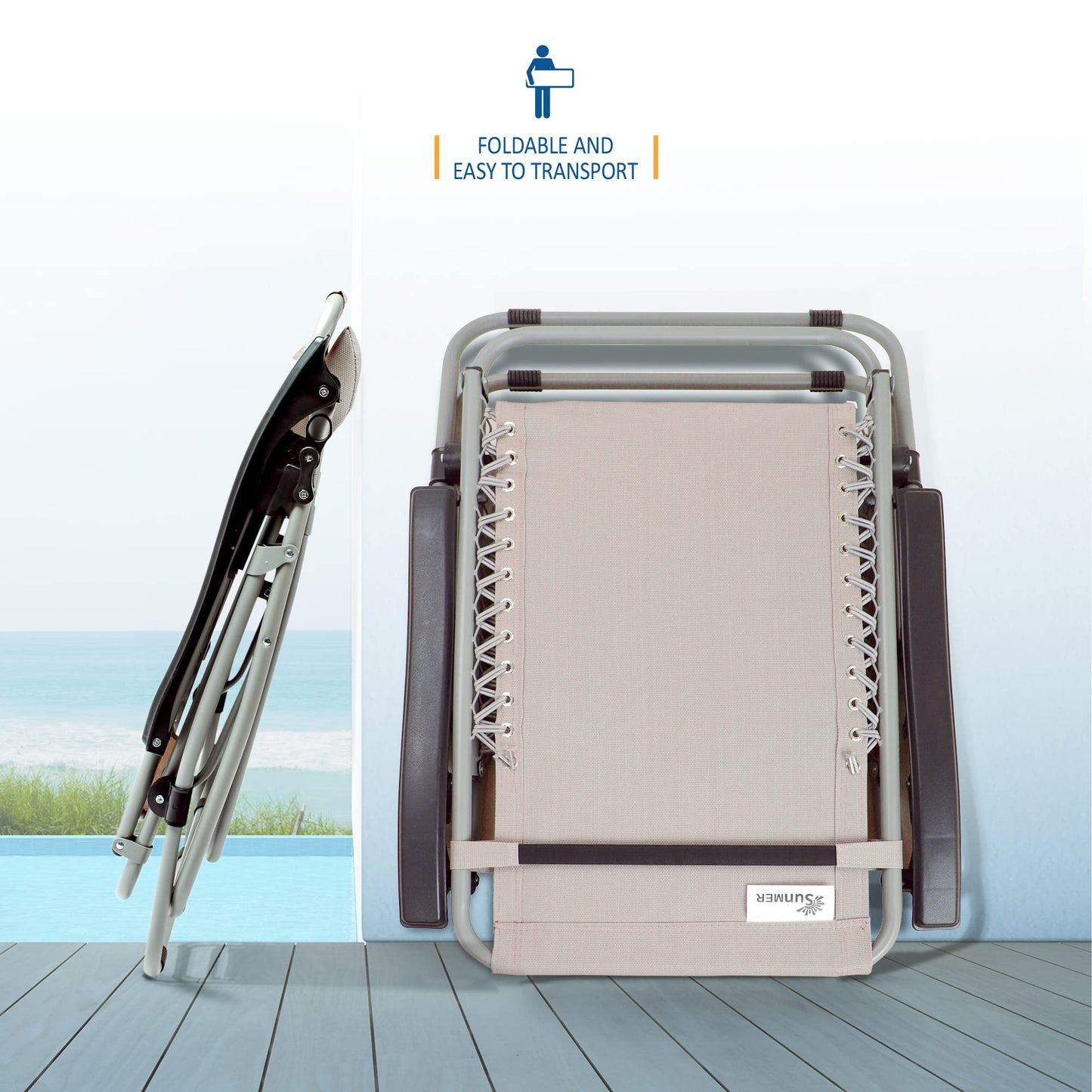 SUNMER Set of 2 Sun Lounger Garden Chairs With Cup And Phone Holder - Deck Folding Recliner Zero Gravity Outdoor Chair - Grey/Grey