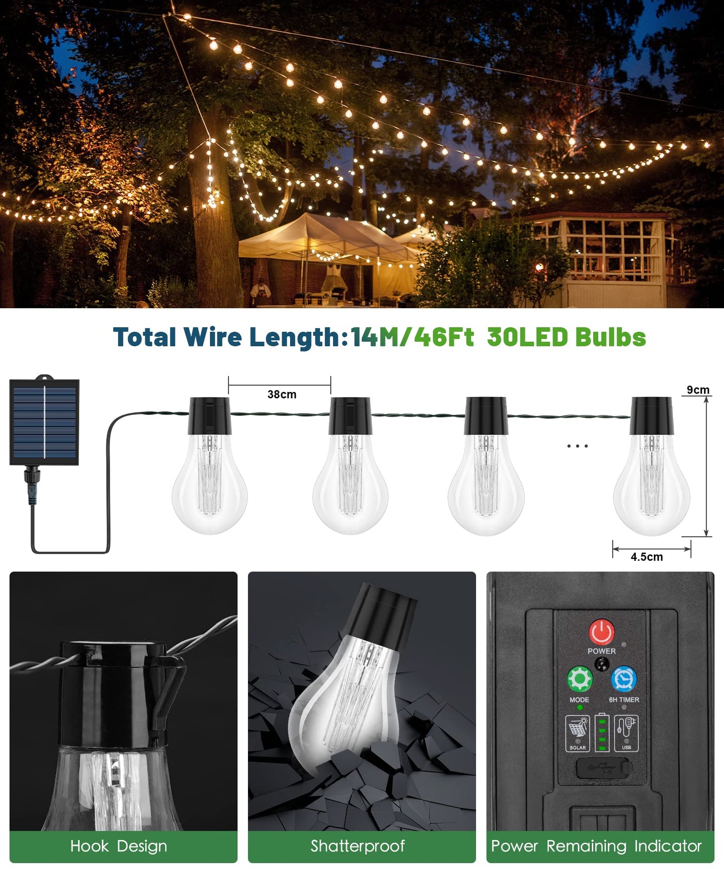 ULIGHTOWN Solar Festoon Lights Outdoor,14M/46FT USB&Solar String Lights with Remote, 30LED Shatterproof Bulbs, IP65 Waterproof for Garden, Gazebo Patio Party Wedding Decor