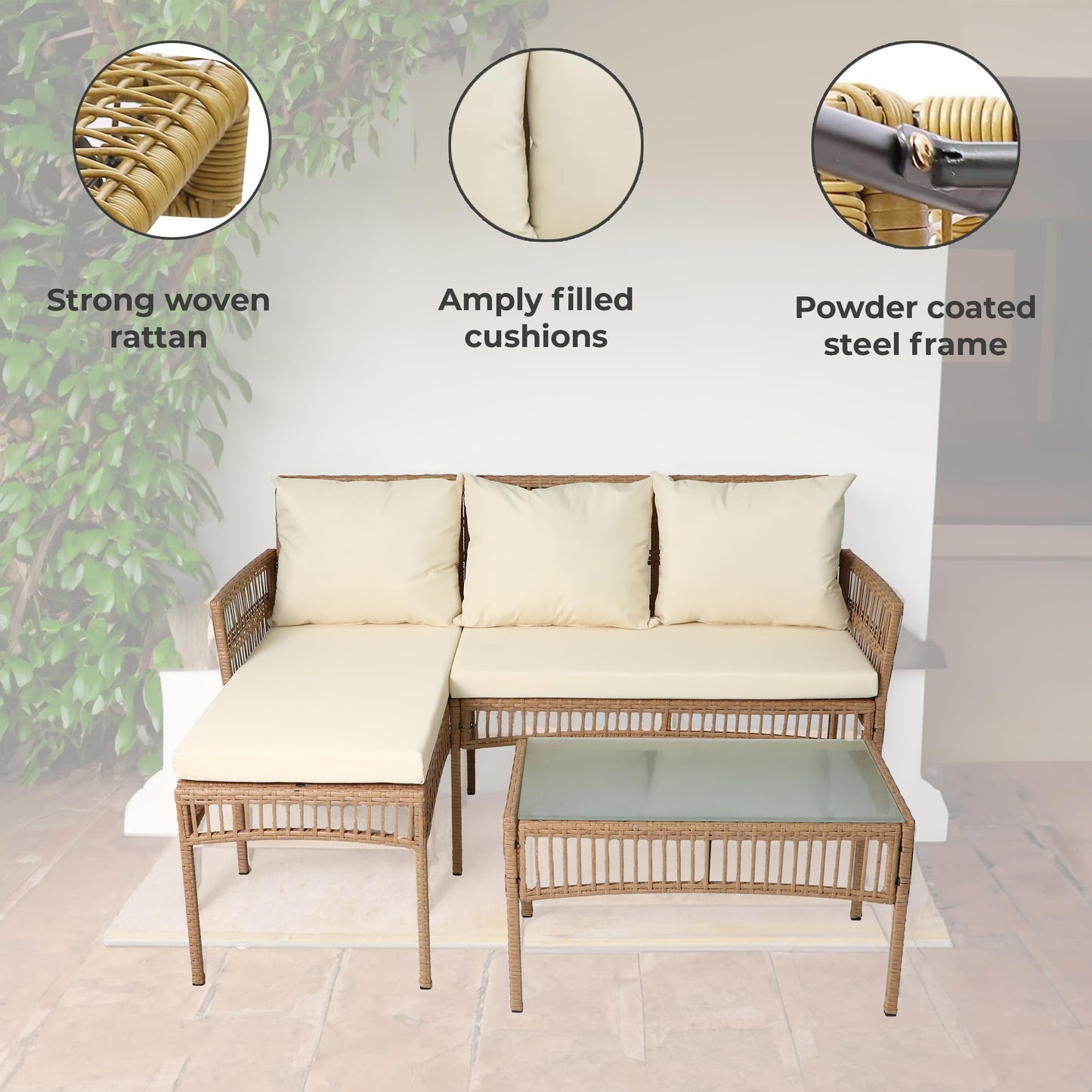 Neo 3 Piece Natural Rattan Wicker Rope Corner L Shaped Sofa Cushions Garden Patio Furniture Set Coffee Table