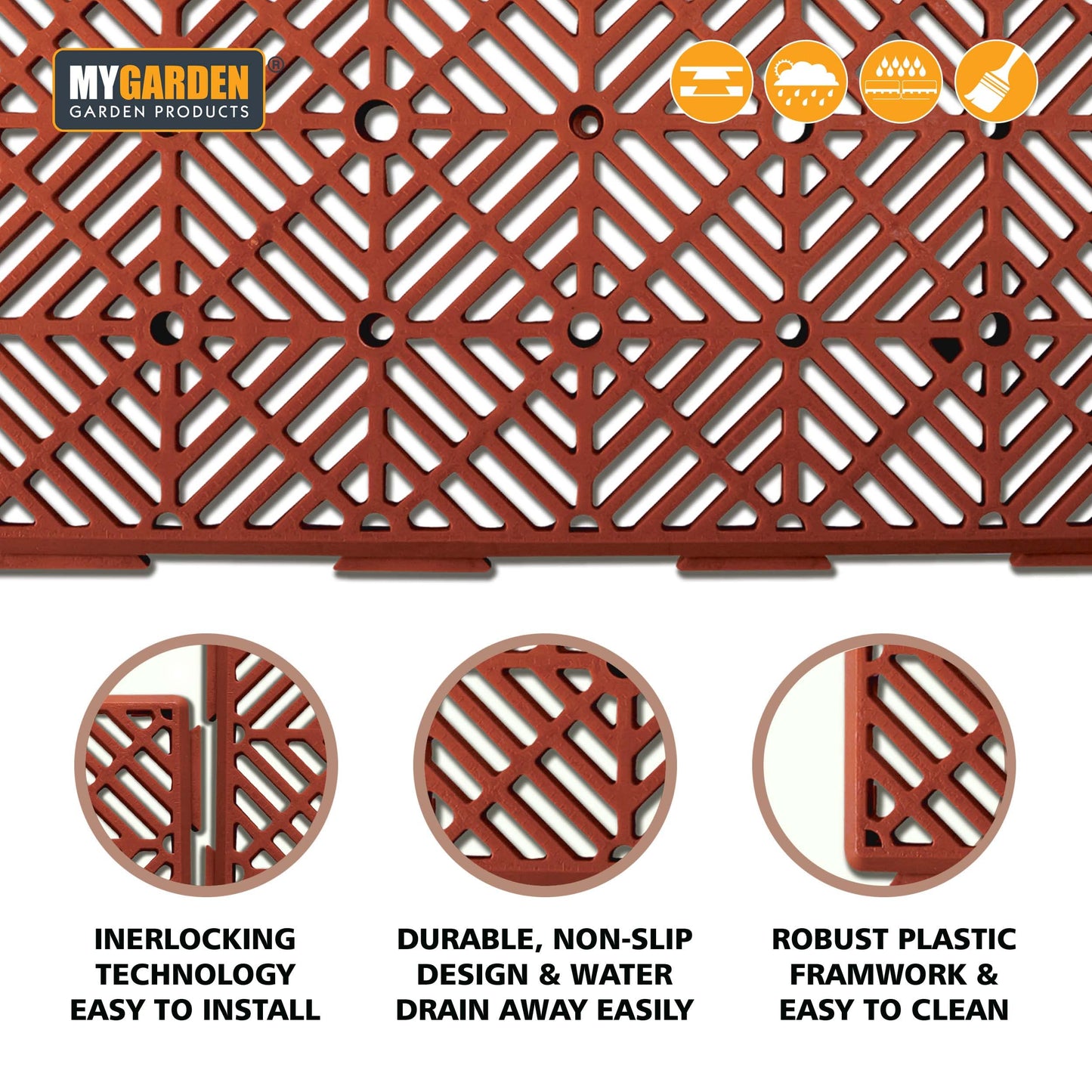 Almineez 10pc Garden Plastic Tiles – Interlocking Non-Slip Lawn Walkway Floor Path Patio Paving Pool – Weatherproof – Decorate Garden Vegetable Plot Or Terrace (Teracotta)