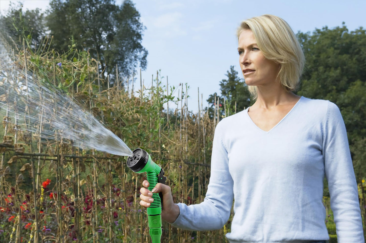 HOMOZE Garden Hose Pipe Expandable Garden Hose with 3/4", 1/2" Fittings, Anti-Leakage - Flexible Expanding Hose with 7 Function Spray Nozzle (50FT, Green)