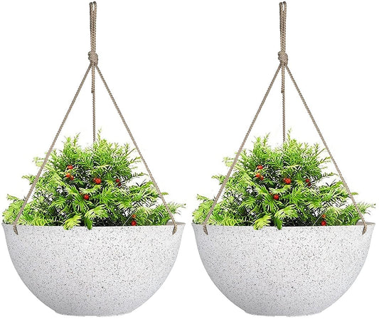 LATERN 2Pcs Hanging Flower Pots, 25cm Speckled White Hanging Plant Pots with Drainage Holes and Plugs, Hanging Planters for Boho Home Garden Decor