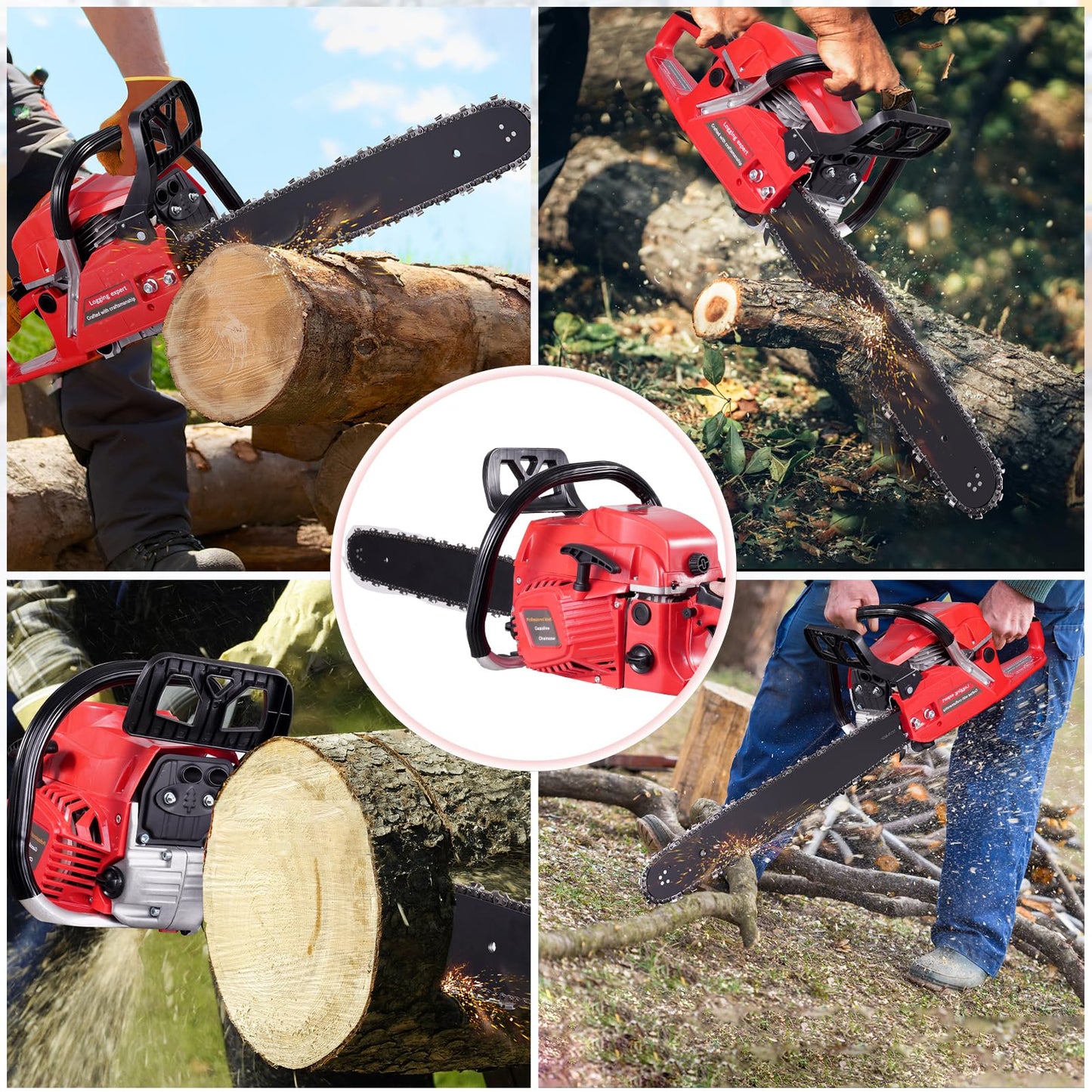 Bellanny 52cc 20inch Petrol Chainsaw, 4.2KW 11500PRM Powerful Gasoline Chainsaw, 2-Stroke Engine with 550ML Large Capacity Fuel Tank, Metal Saw Blade for Trimming Branches or Felling Big Trees - Red
