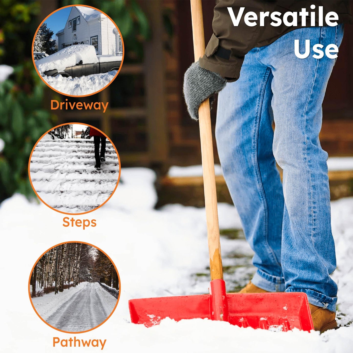 EarlyGrow 42.5cm Heavy-Duty Wide Snow Shovel Plastic Head Pusher 120cm Long Wooden Handle and D Handle Multipurpose Plastic Shovel for Snow, Waste, Leaves and Garden Debris