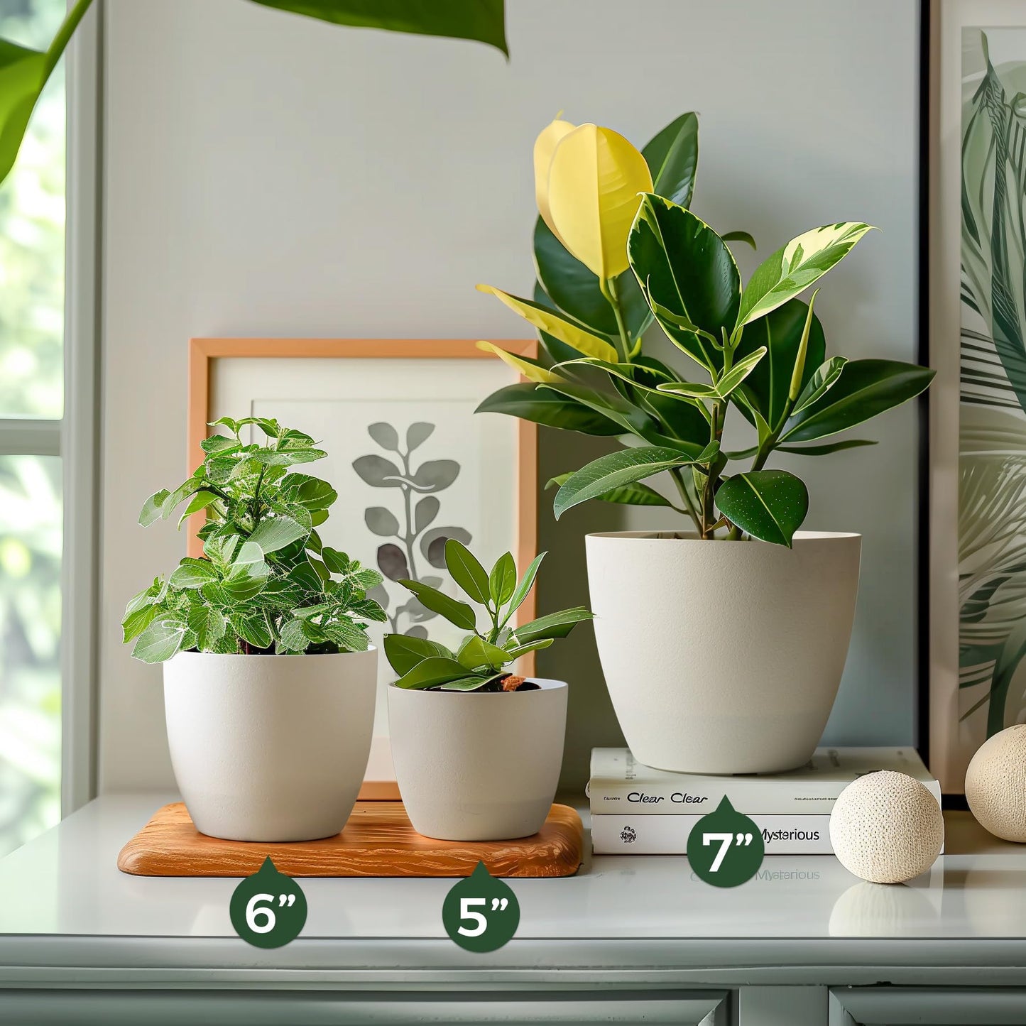 T4U 15CM Plastic Plant Pots, Self Watering Plant Pots Set of 6, Flower Pots for Indoor Outdoor, White Plastic Planters for Plant Flower Aloe Herbs