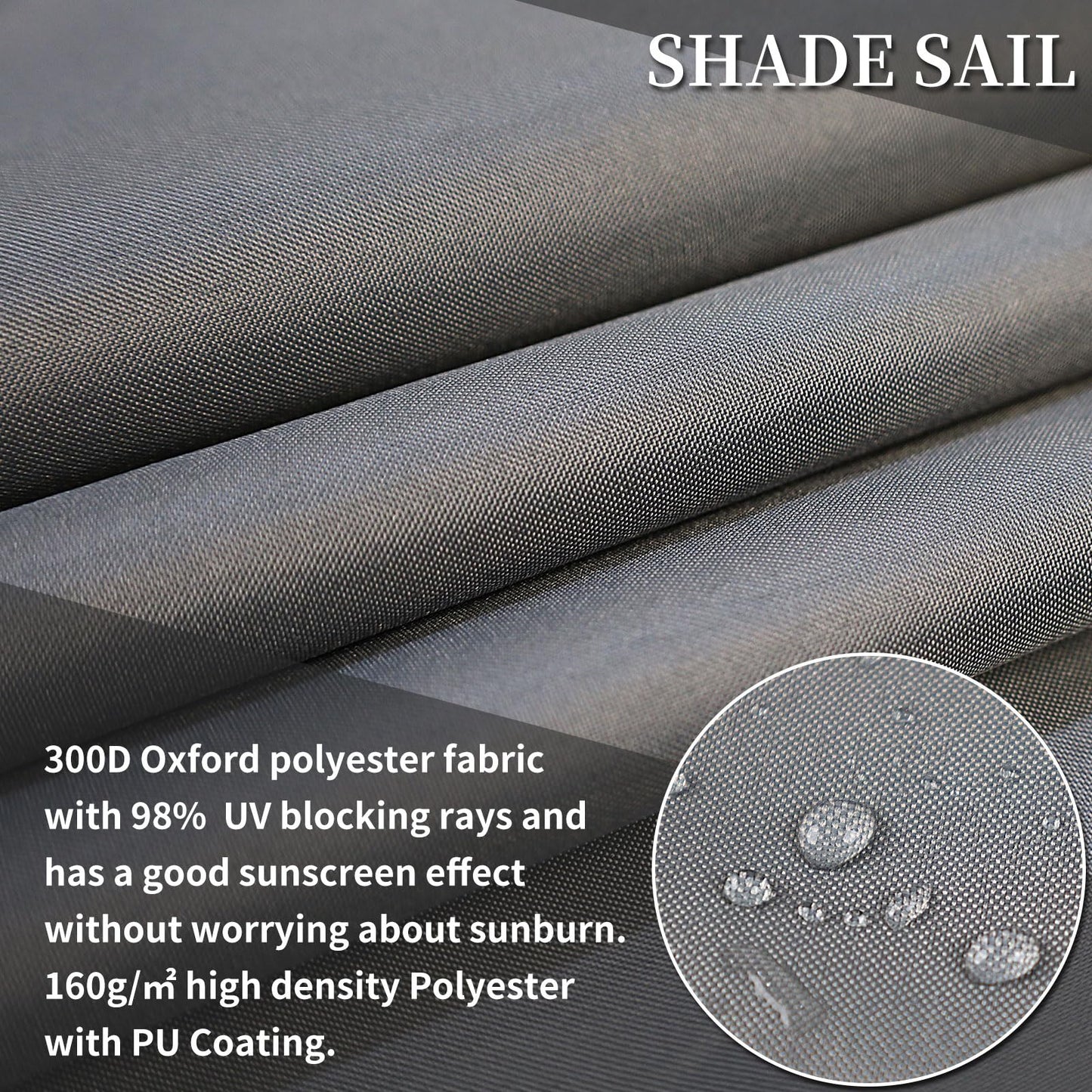 PATIO PLUS Sun Shade Sail 2 * 3m Rectangle, 300D Oxford Fabric Garden Sail PU Coating UV Block, Patio Canopy Durable for Outdoor Yard Lawn Pool Backyard Gray