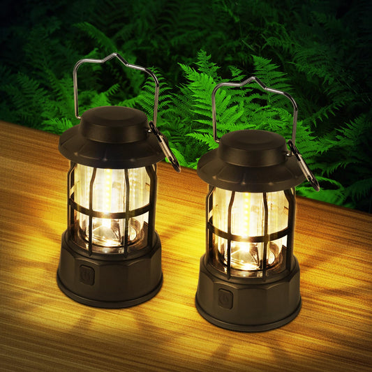 Flintronic Camping Lanterns Retro, 2 Packs Portable Camping Lights Retro Battery Powered, Camping Lamp IPX4 Waterproof, Vintage COB Hanging Tent Light for Tent, Outdoor, Hiking, Garden, Emergency