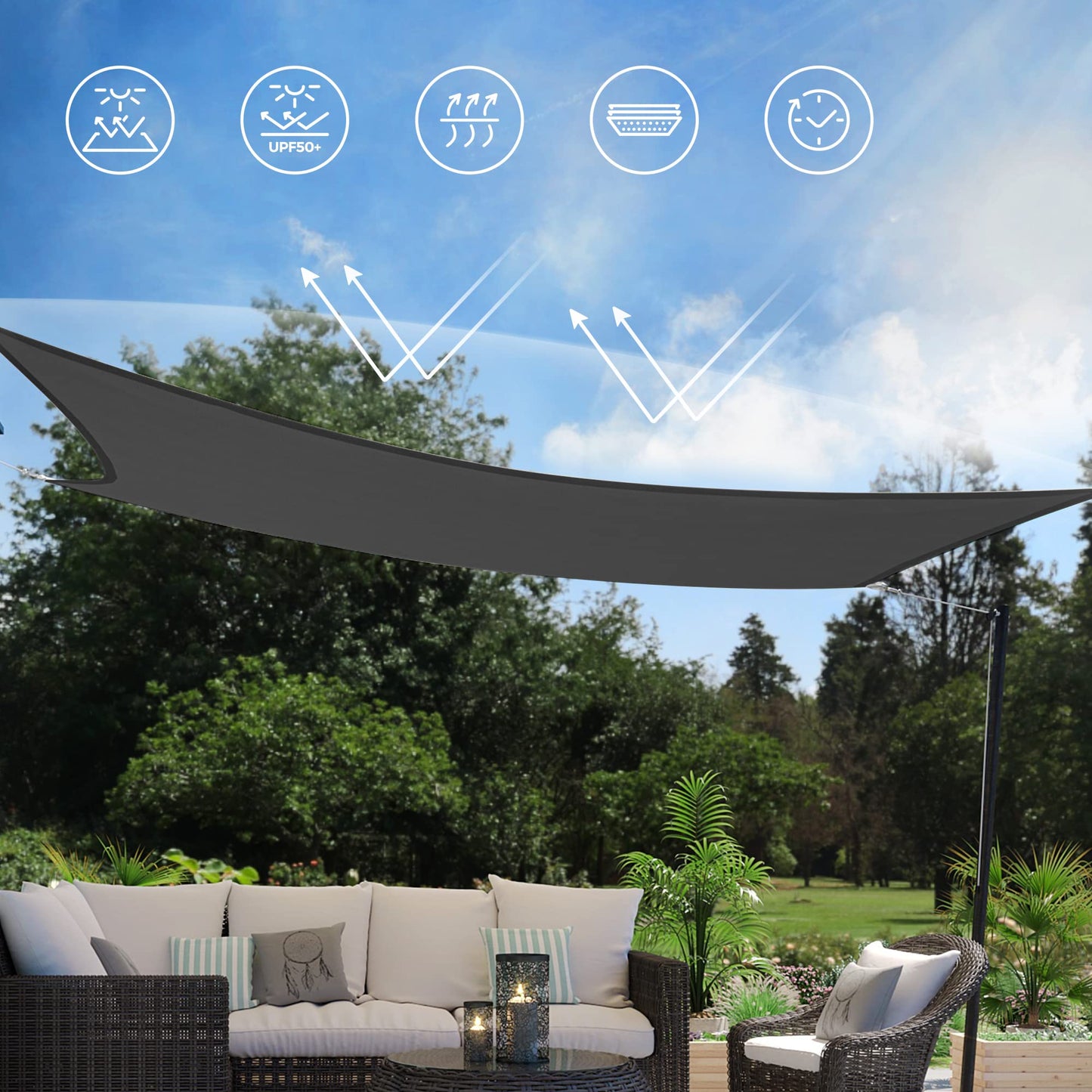 SONGMICS GSS22GY Sun Shade Sail, 2x2m HDPE Fabric Sun Protection Air Permeable Canopy for Patio Garden Balcony Camping Square Concave 2m Ropes Smoke Grey GSS22GY
