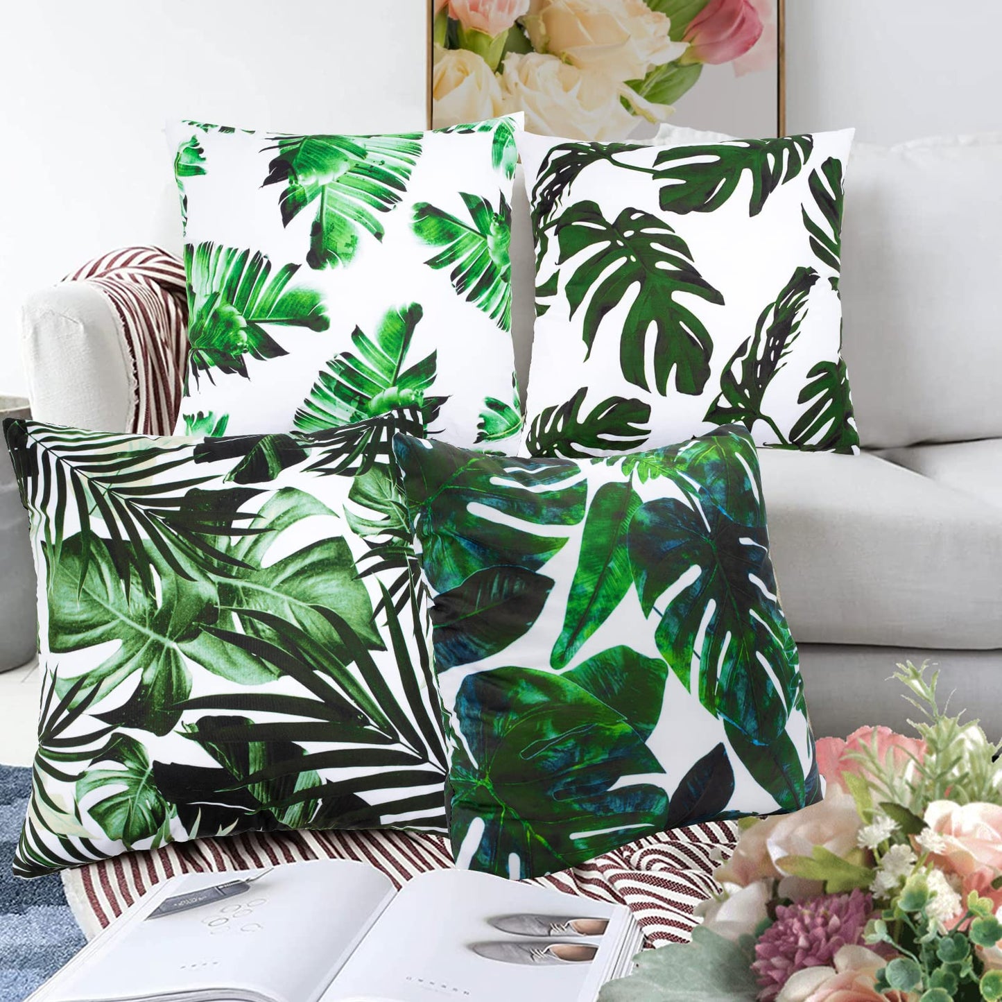 Set of 4 Cushion Covers 18x18 Inch, Waterproof Outdoor Cushion Covers, Tropical Leaves Pillow Cases, 45 x 45cm Decorative Thorw Pillow Covers, Sofa Pillowcases for Bedroom Office Car Home Decor
