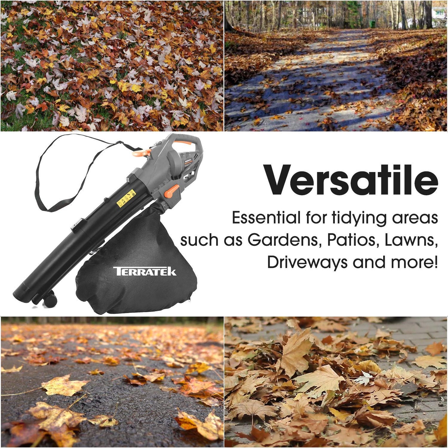 Terratek Corded Leaf Blower and Garden Vacuum 3000W, 3 in 1 Lightweight Mulcher, Leaf Blower and Vacuum, 35L Garden Blowers Collection Bag, 10m Cable, Wheels & Shoulder Strap Included