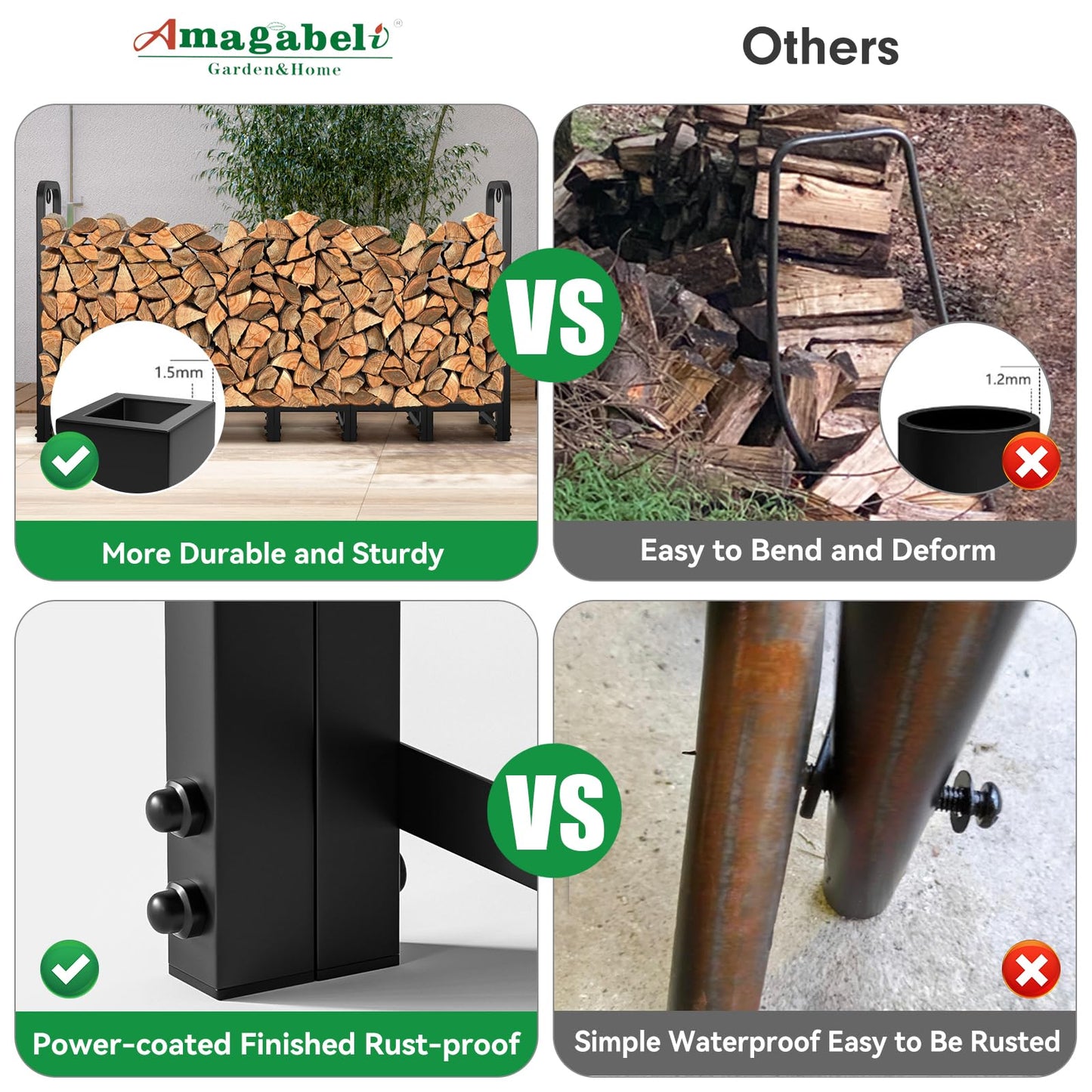 Amagabeli 8ft(244cmx36cmx121cm) Outdoor Fire Wood Log Rack for Fireplace Heavy Duty Firewood Pile Storage Racks for Patio Deck Metal Log Holder Stand Tubular Steel Wood Stacker Outside Tools Black