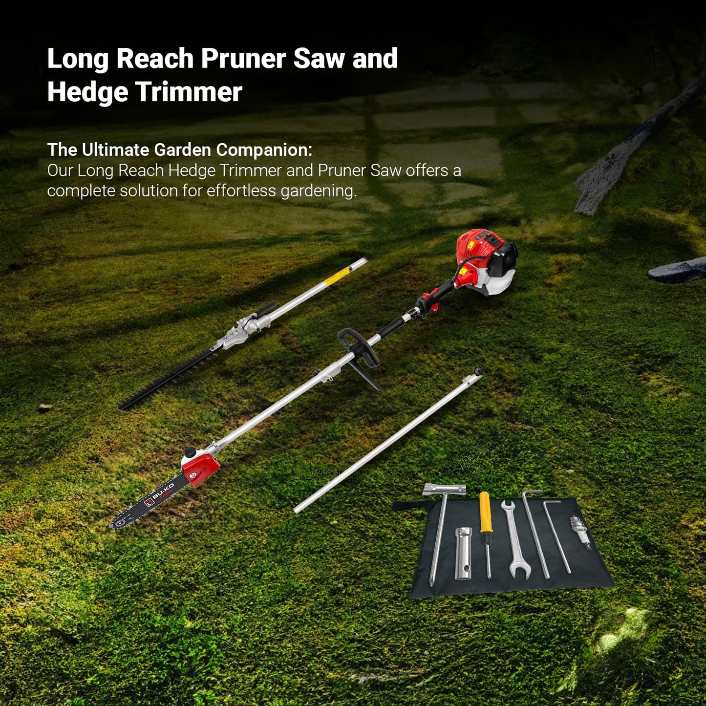 BU-KO 52cc Long Reach Petrol Hedge Trimmer and Pruner Saw with 75cm Extension Pole, Ultimate Garden Tool for Precision Cutting, Trim Hedges and Prune with Ease
