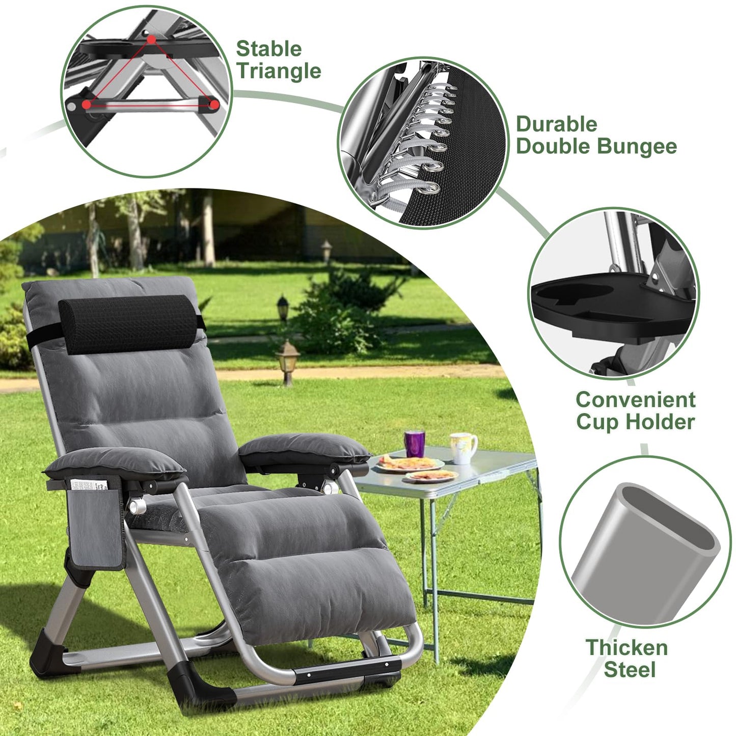 SUNYRISY Sun Lounger Garden Chair, Heavy Duty Adjustable Zero Gravity Chair with Cushion, Headrest, and Pocket, 200kg Support Foldable Lawn Garden Recliner Chairs for Outdoor/Indoor