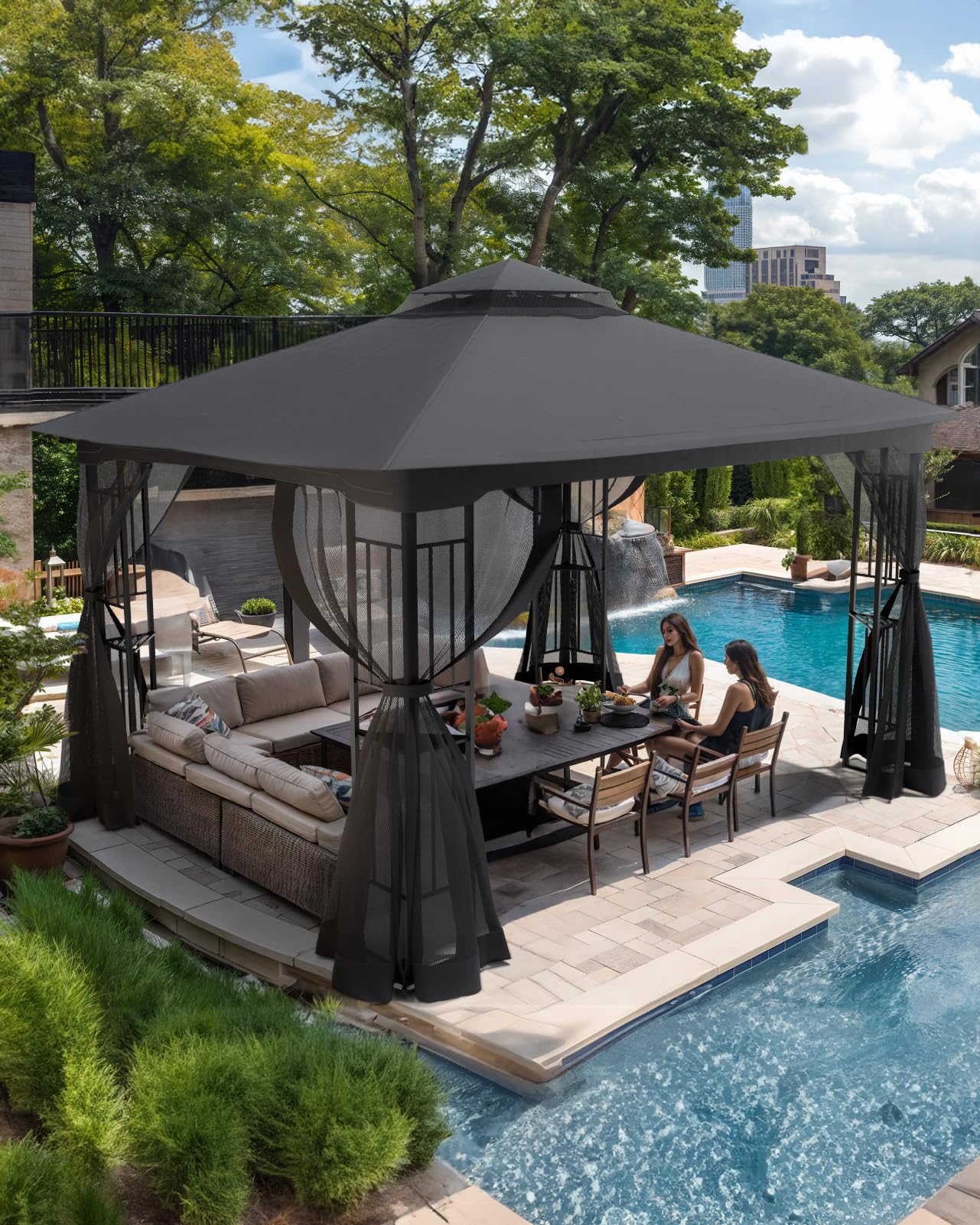 The Fellie 3M x 4M Gazebos with Double Tiered Roof, Large Outdoor Garden Gazebos with Mosquito Netting, Heavy Duty Metal Gazebos for Garden, Patio, Party, Camping, Waterproof, Dark Grey