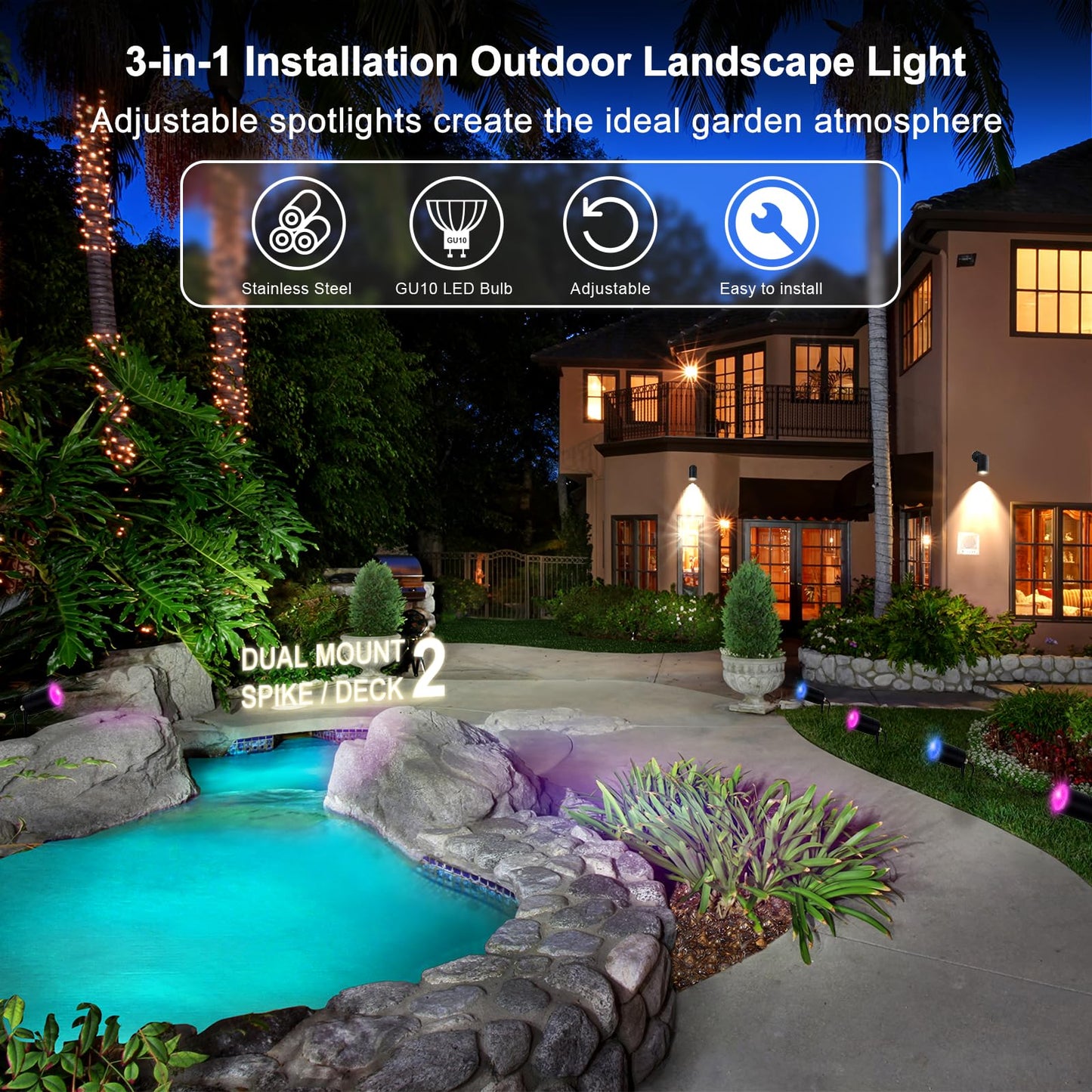 Kerry Outisde Wall Light, Spike/Deck Dual Mount Spotlight, IP65 Outside Lighting Mains Powered Waterproof Stainless Steel Black Landscape Lamp, External GU10 spot Light with 35cm Cable (Bulb Excl)