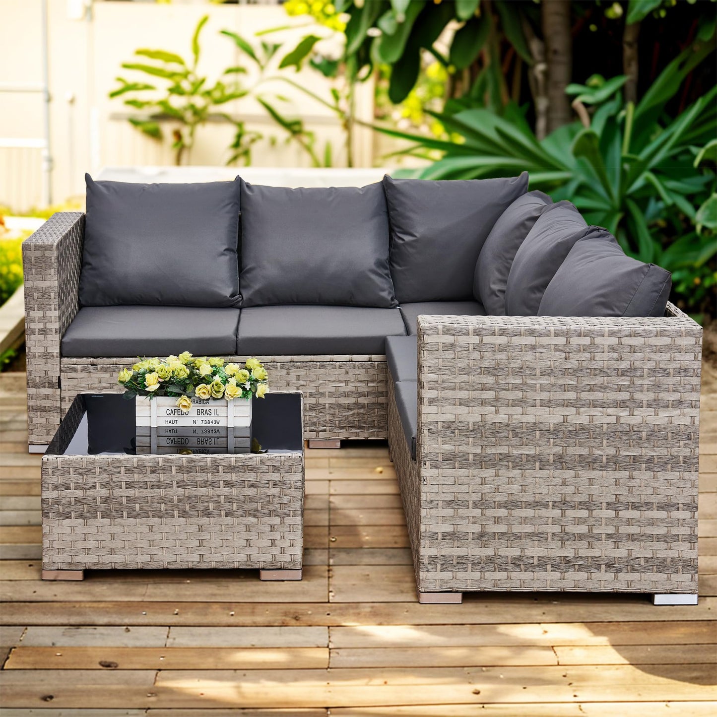 AOUXIN 5 Seater Rattan Garden Furniture Set, Rattan Corner Sofa Set Patio Sofa with Glass Table (Grey)