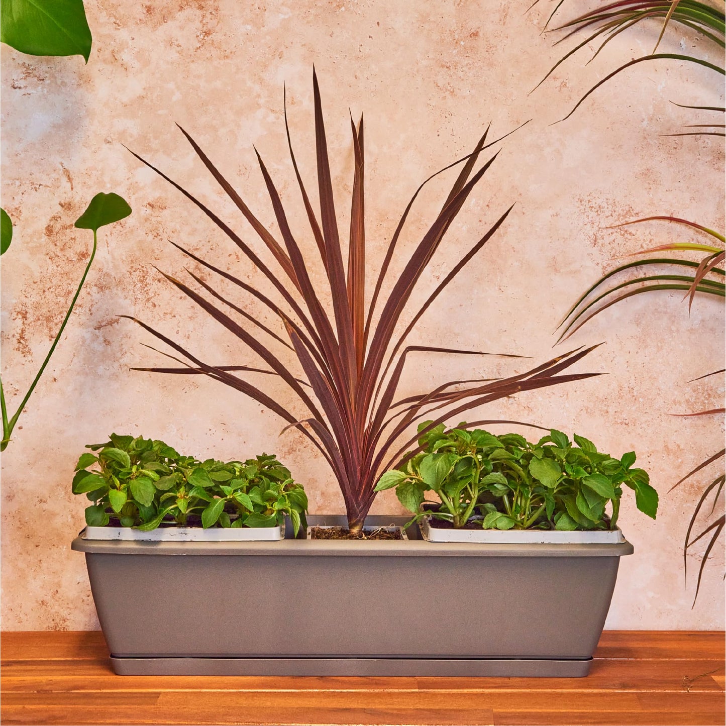 Planters Pride Ovaho 60cm Hanging Plastic Trough, Stone Grey | 26L Railing Planter with Hooks & Water Reserve | Self-Watering Fence Pot with Removable Saucer | Over-Fence Terrace & Balcony Planter