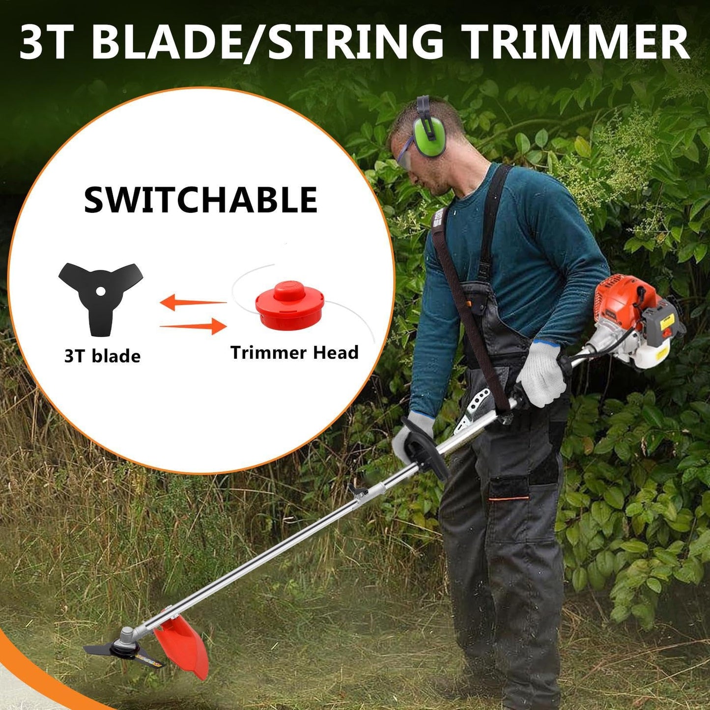 52cc Petrol Strimmer, 5 in 1 Multi Function Petrol Hedge Trimmer Garden Strimmer, String Trimmer, Brush Cutter with 3T Blade, Steel Wire Strimmer Weed Chainsaw