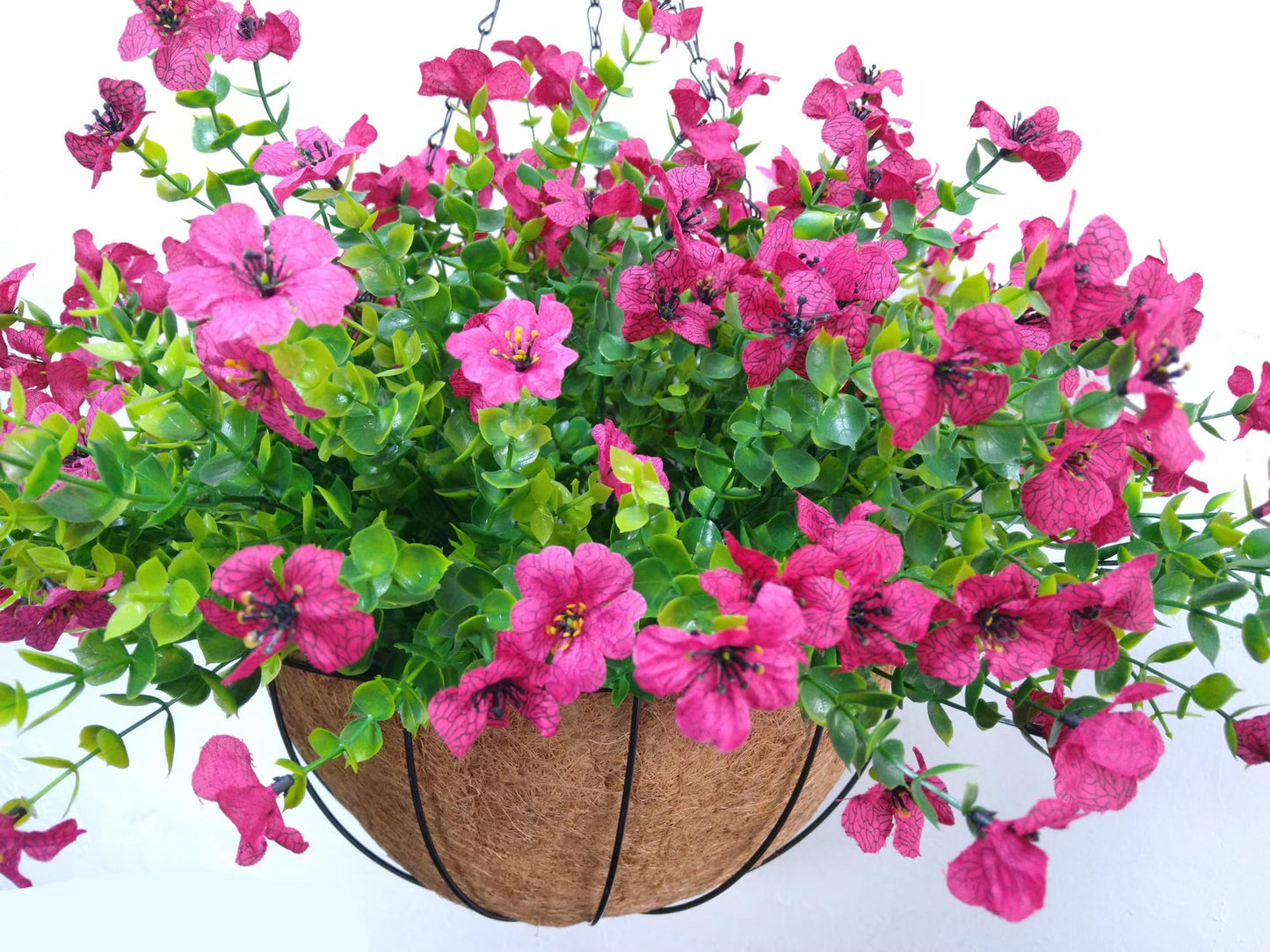 Home Decoration Silk Fabric Fake Flowers DIY Chain Hanging Basket Parlor Garden Wedding Ornaments Cute Pink Artificial Flower Eucalyptus Magnolia (Pink- Big basket)