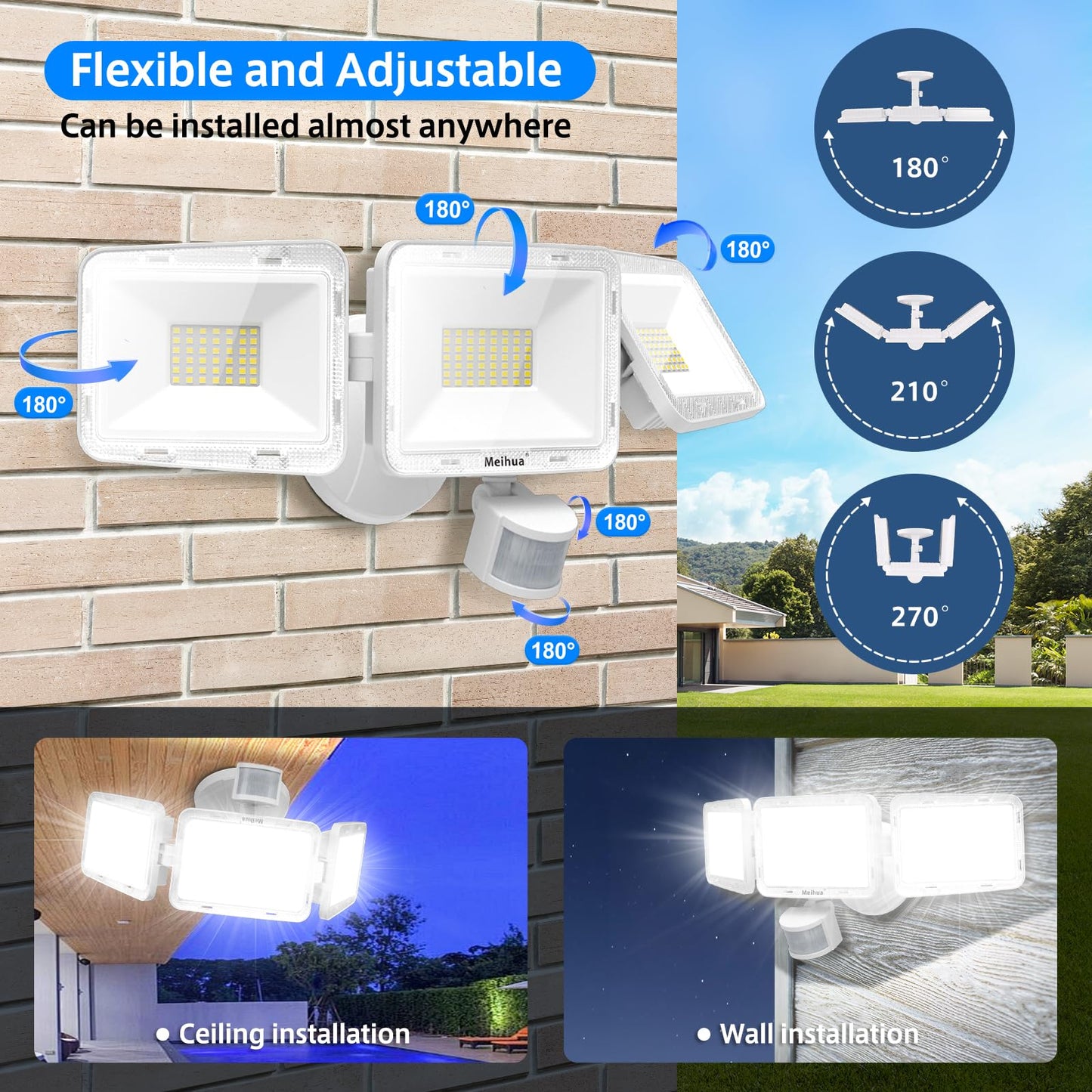 MEIHUA 70W Security Lights Outdoor Motion Sensor, 6580LM PIR Floodlight 4 Modes with Remote Control, IP66 6500K Motion Sensor Lights Outdoor with 3 Adjustable Heads for Garden, Yard, Patio, Garage