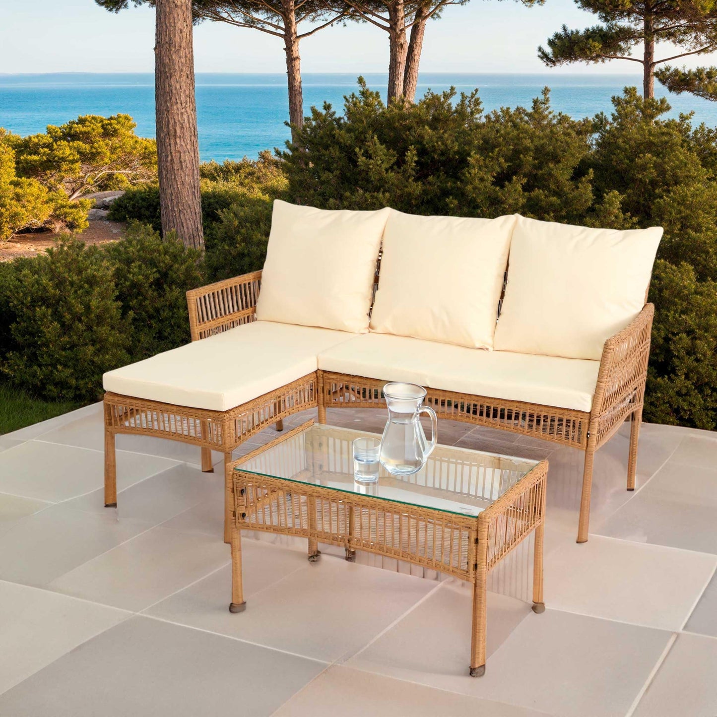 Neo 3 Piece Natural Rattan Wicker Rope Corner L Shaped Sofa Cushions Garden Patio Furniture Set Coffee Table