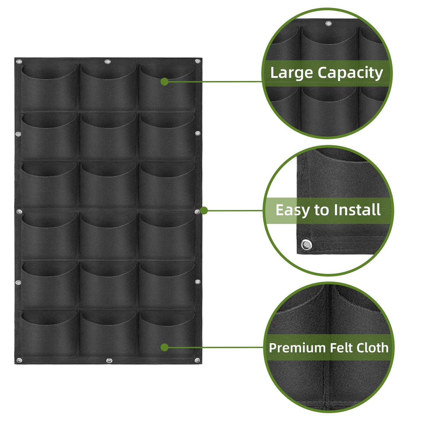 WHATWEARS Hanging Planting Grow Bags, 18 Pockets Hanging Vertical Wall Planter Wall Mounted Grow Bag Outdoor Indoor Gardening Vertical Greening Flower Container, Planting Bags(1.0 m × 0.5 m, Black)