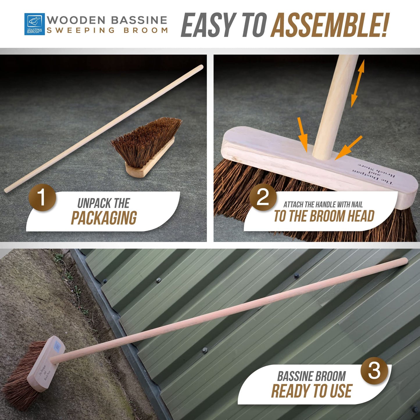 10” Garden Broom Outdoor with Wooden Handle Natural Stiff Bassine Hard Bristle Broom Yard Brush Heavy Duty Broom Outdoor Stiff Sweeping Yard Brush by The Dustpan and Brush Store