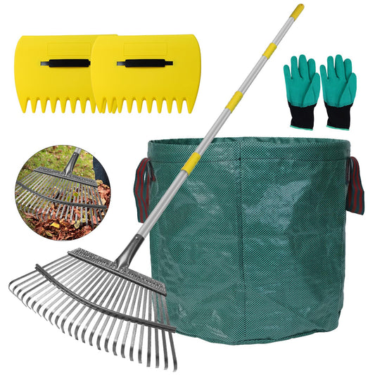 Stanew Garden Leaf Rake Set, 1.65M Telescopic handle, include 25-Teeth 45CM Aluminum Lawn Rake and Lightweight Garden Yard Leaf Scoops