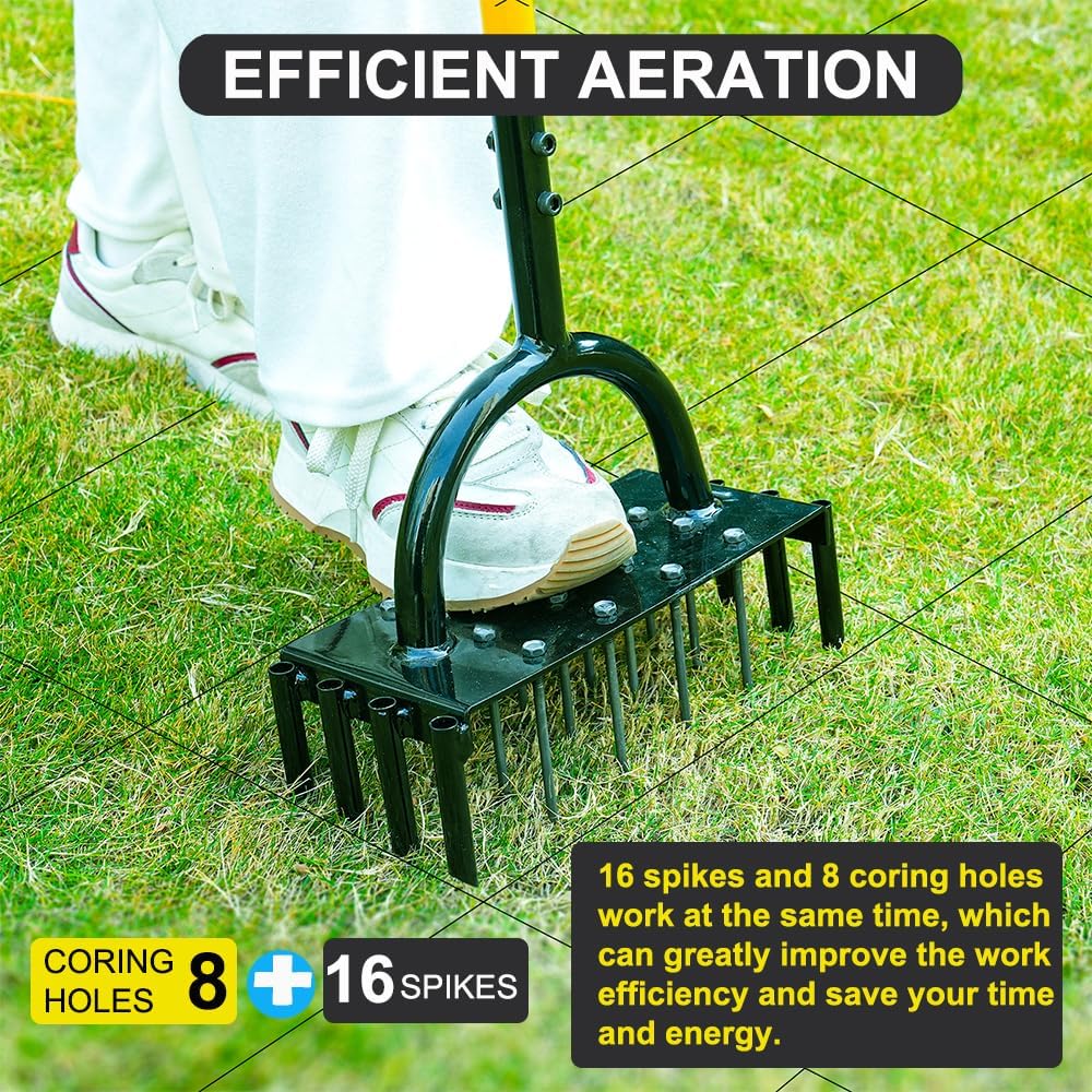 TWZ Manual Lawn Aerator, 2-in-1 Aerator with 16 Spikes& 8 Cores, 98cm Lightweight Grass Aerator Tools for Yard, Lawn Aeration, Garden Tool, Revives Lawn Health, L28xW12xH8cm Aeration Area