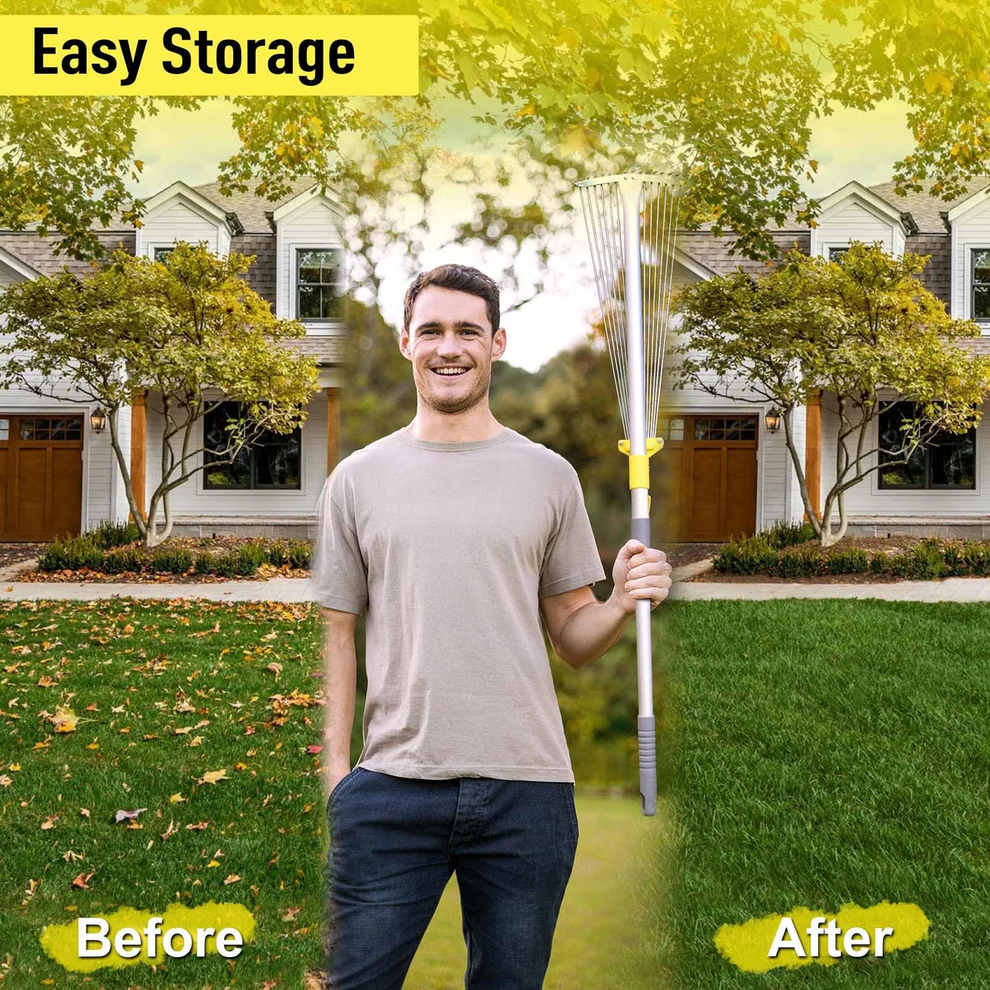 Jardineer 160cm Garden Leaf Rake, Telescopic Leaf Rake for Gardening, Garden Rake for Leaves Among Plants, Lawns and Yards. Adjustable Lawn Rake Head from 22cm to 59cm