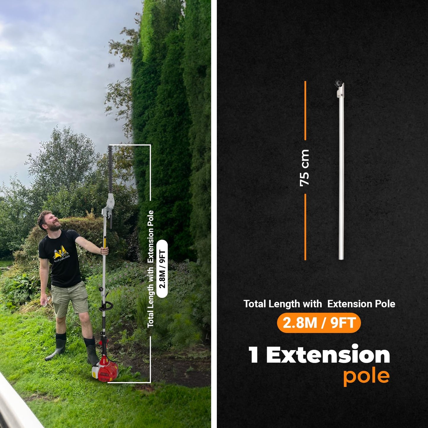 BU-KO 52cc Long Reach Petrol Hedge Trimmer and Pruner Saw with 75cm Extension Pole and Toolbag for Convenient Storage, Ultimate Garden Tool for Precision Cutting, Trim Hedges and Prune with Ease