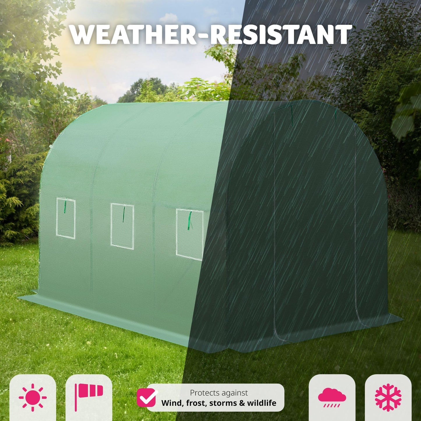 tectake® Greenhouse Polytunnel, Durable Steel Frame Grow Tent, PE Greenhouse Cover with Zip Door, 6 Mesh Windows, Frost-Resistant, 7m² Planting & Potting Space, Incl. Greenhouse Accessories - green