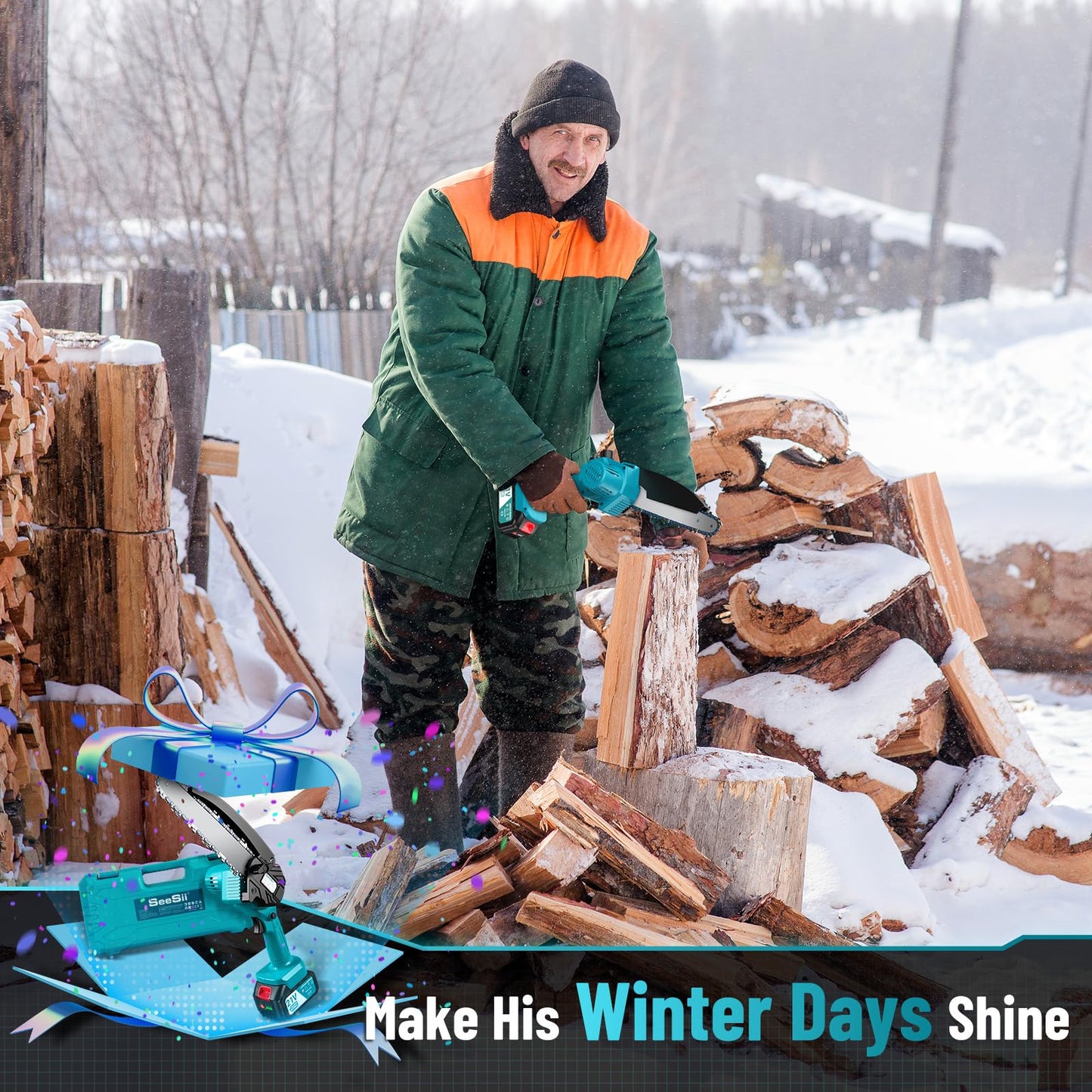 Seesii Mini Chainsaw Cordless 6 Inch with 2×4000mAh Batteries, Electric Saws for Tree Branches, Battery Powered Handheld Small Chain Saws for Limb Trimming Cutting,Gift for Men Dad Husband