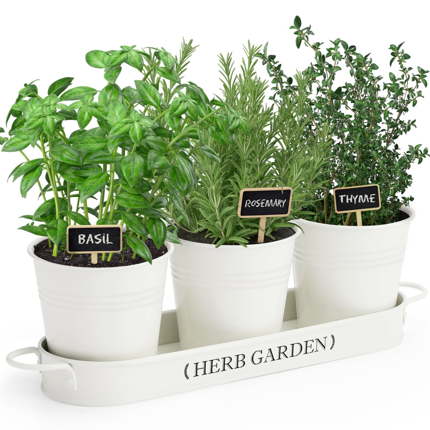 PERFNIQUE Farmhouse Herb Garden Kit, Indoor/Outdoor Herb Planter with Tray, Window Pots for Indoor/Outdoor Plants (Off White)