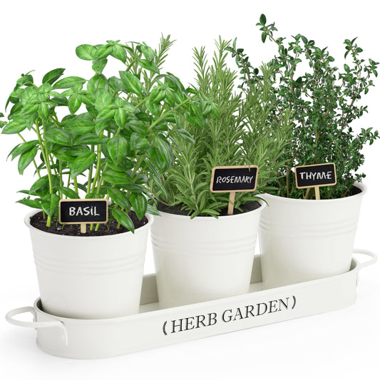 PERFNIQUE Farmhouse Herb Garden Kit, Indoor/Outdoor Herb Planter with Tray, Window Pots for Indoor/Outdoor Plants (Off White)